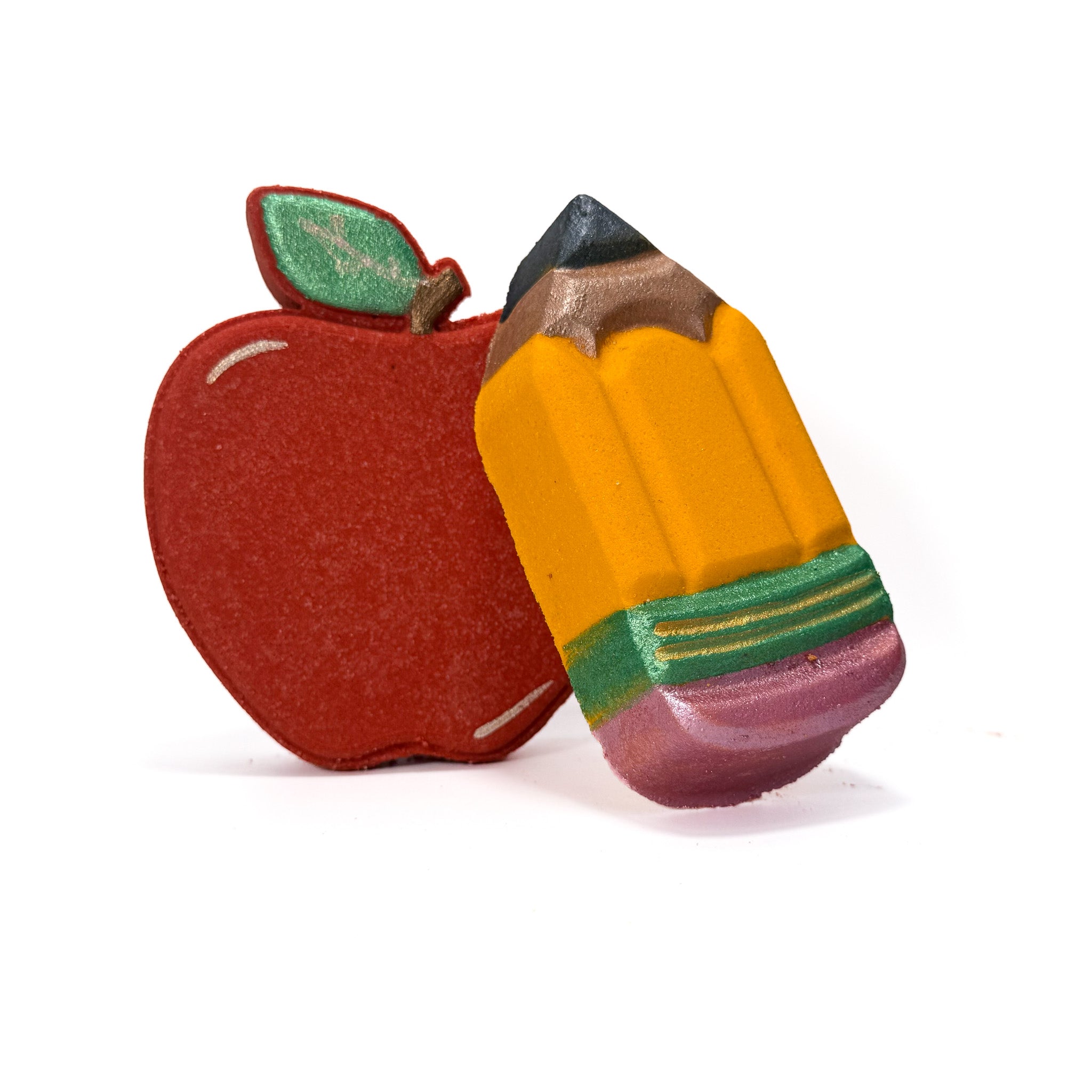 Teacher gift set of apple and pencil bath bomb handcrafted by Rusted Acre Soap Company.