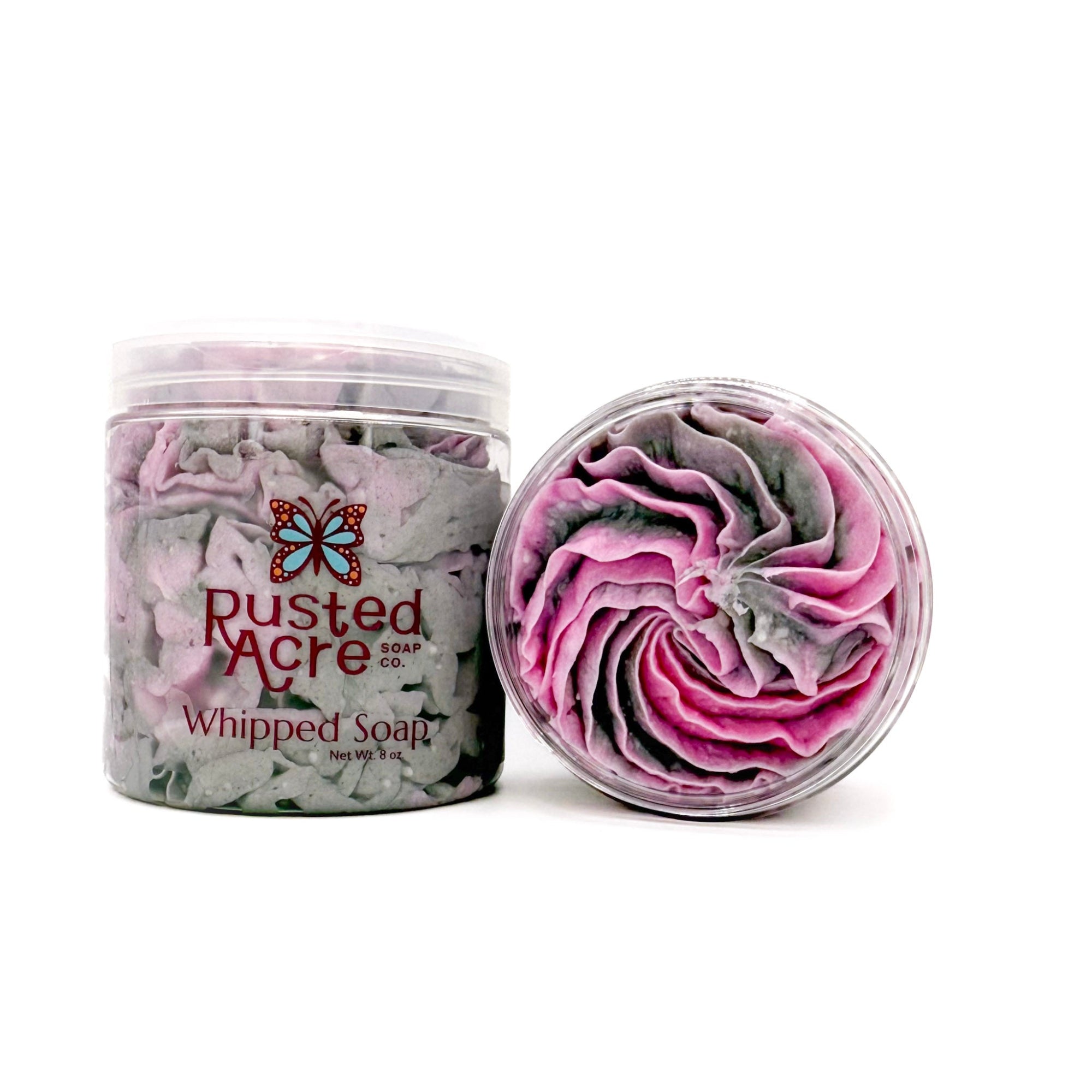 Front and top profile of Black Cherry whipped soap from Rusted Acre Soap Company