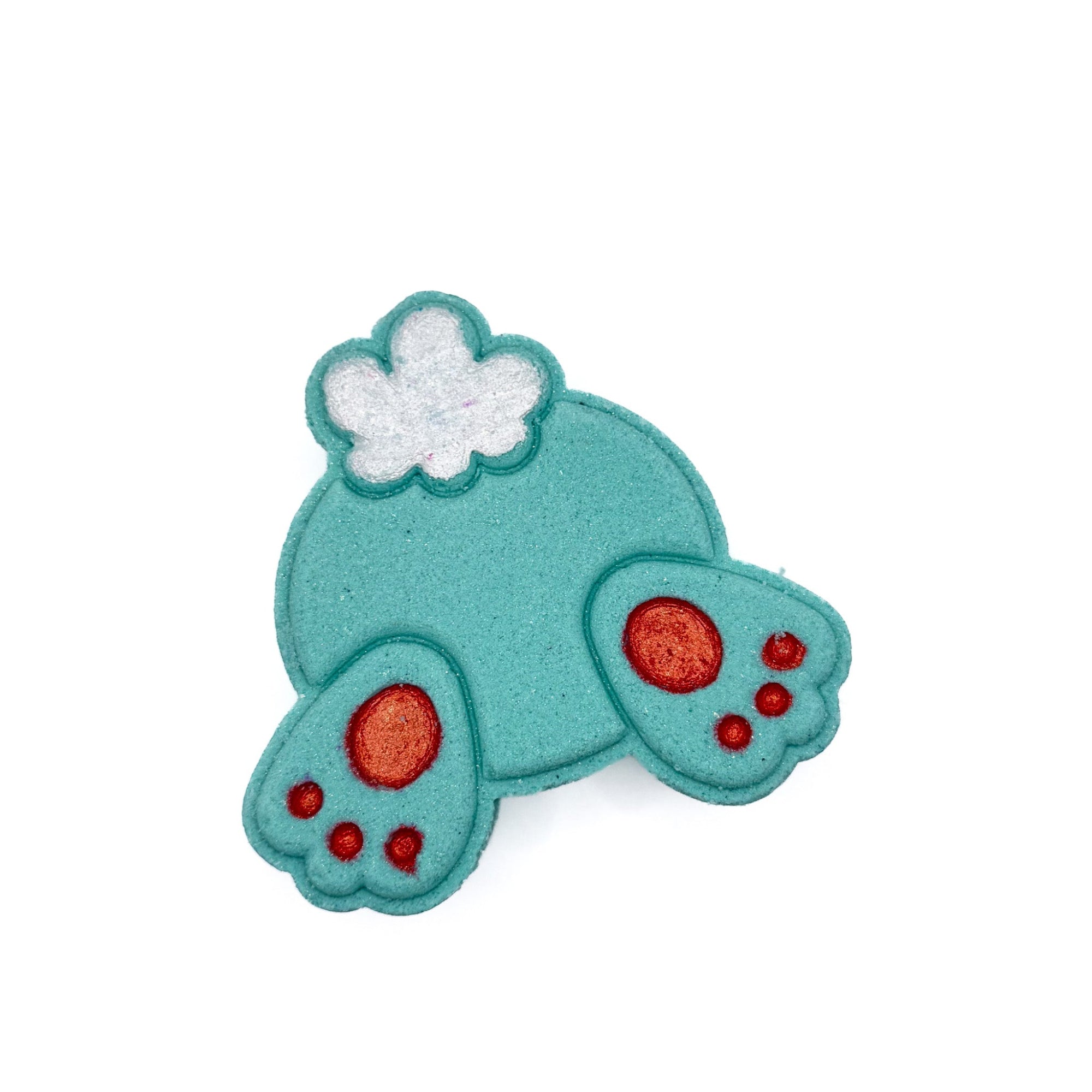 One Teal bunny but bath bomb made by rusted acre soap company.