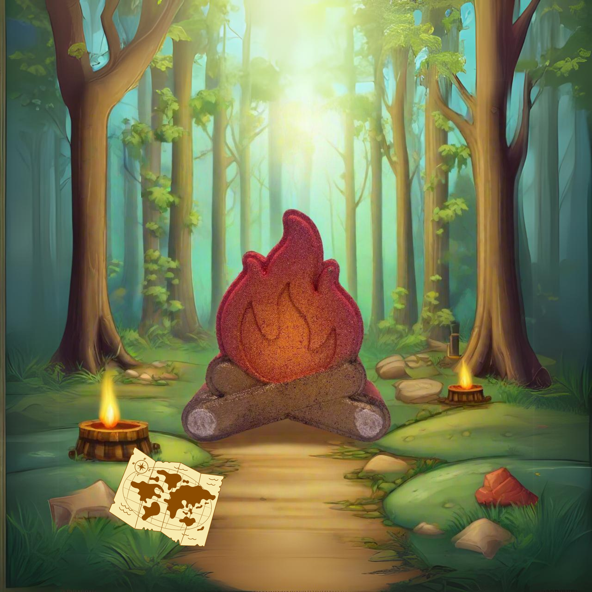 One campfire shaped bath bomb. Hand-painted logs with flames airbrushed orange to red. In the forest with a map!