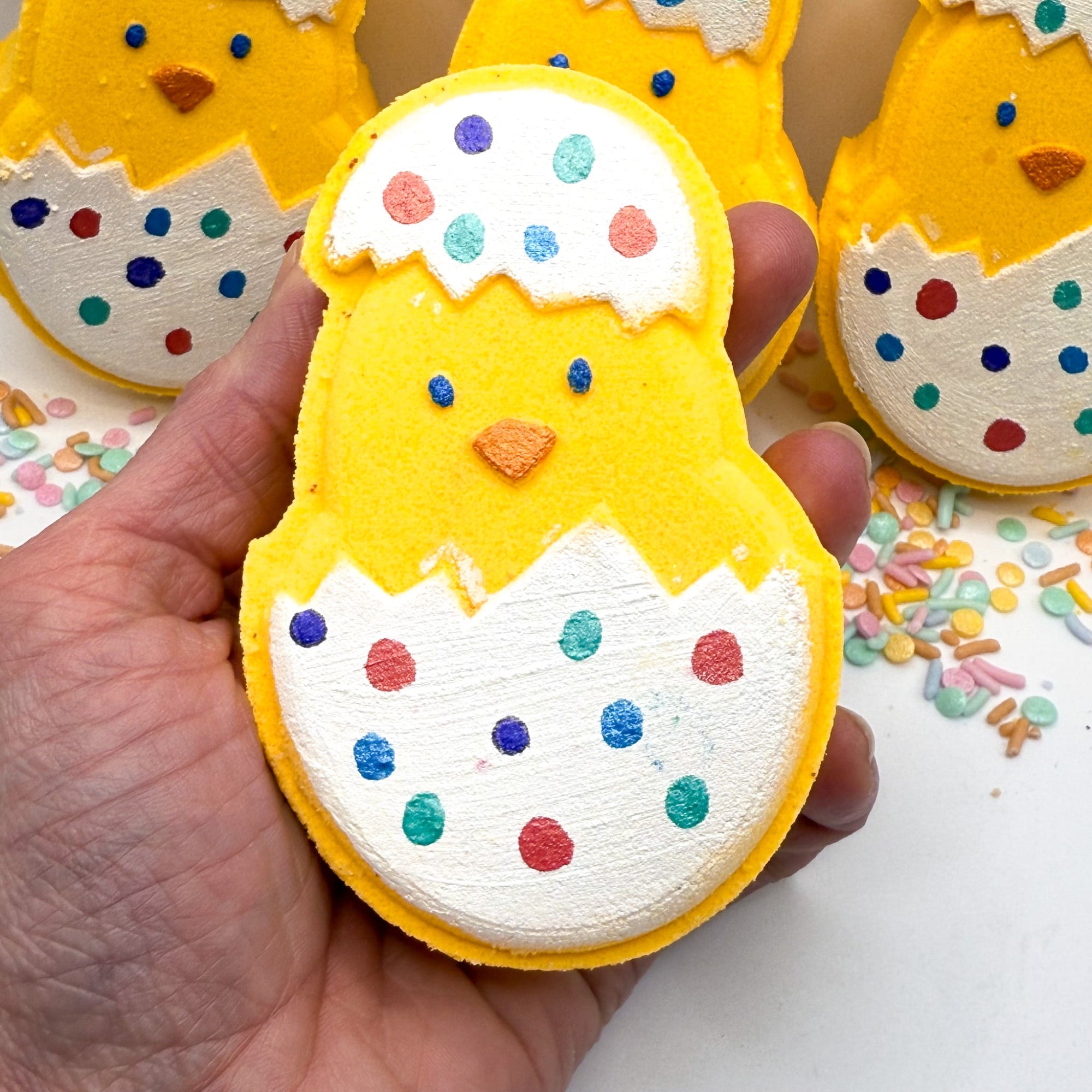 One Chic in egg bath bomb decorated easter egg bath bombs hand painted by Rusted Acre Soap Company.