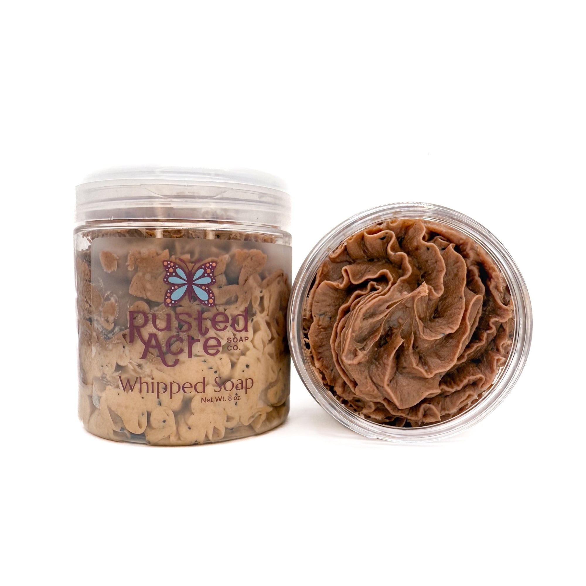 Two jars of Rusted Acre Soap Company’s coffee whipped soap front and top view.
