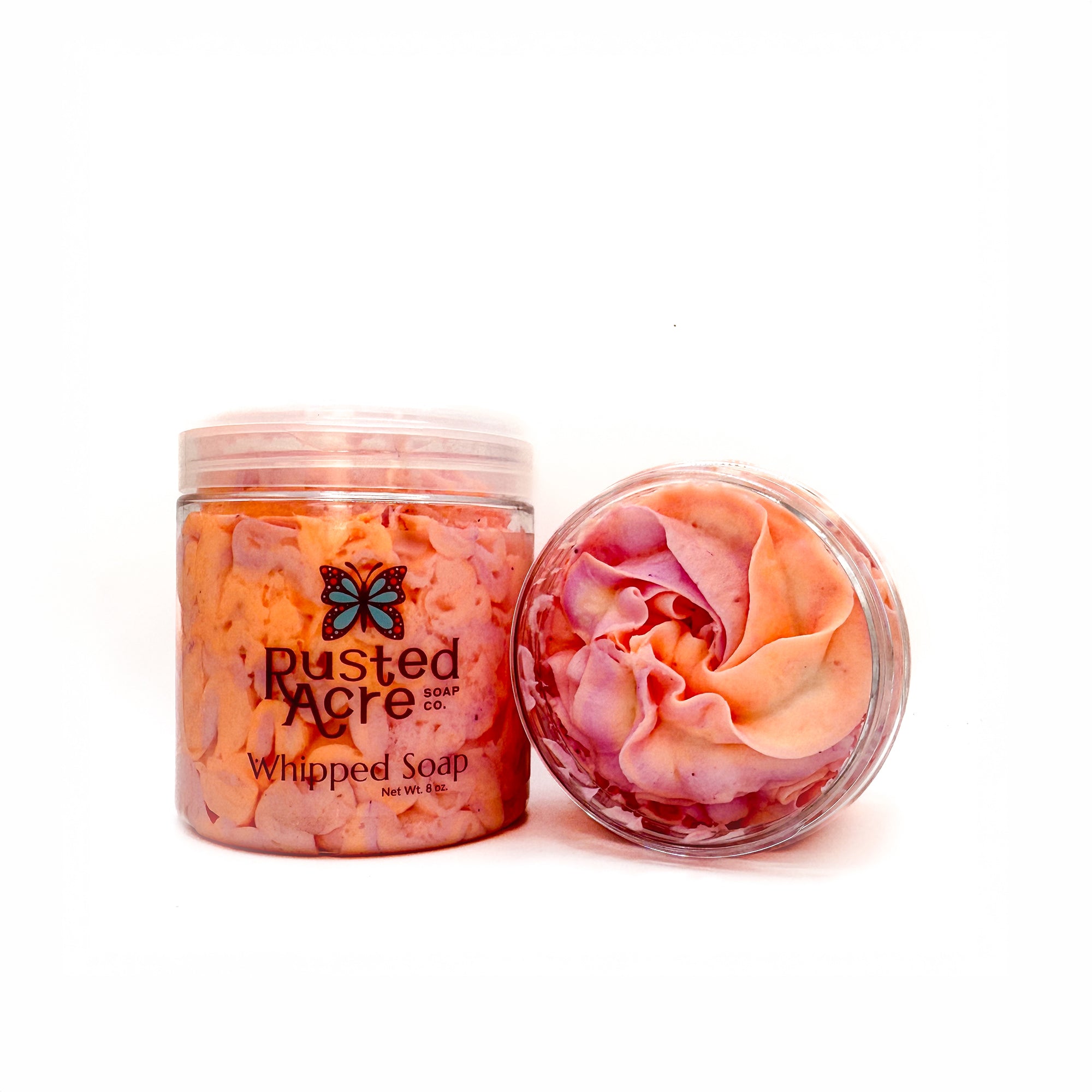 Two jars of Rusted Acre Soap Company’s fruity cereal whipped soap front and top view.