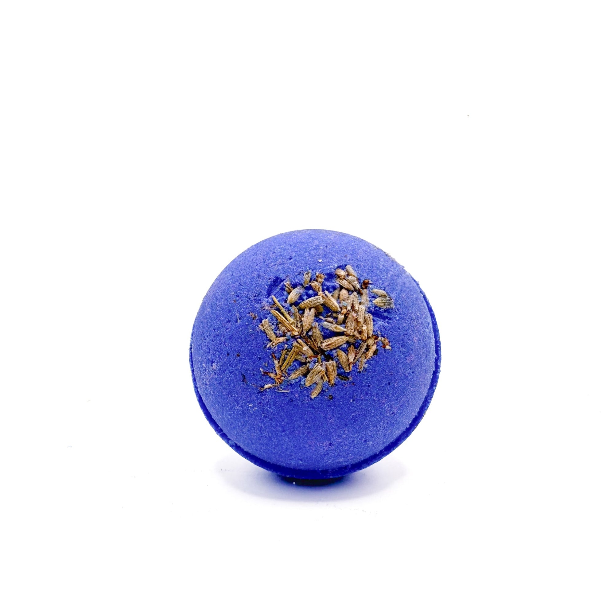 One purple round, lavender scent bath bomb. Displayed with lavender buds.