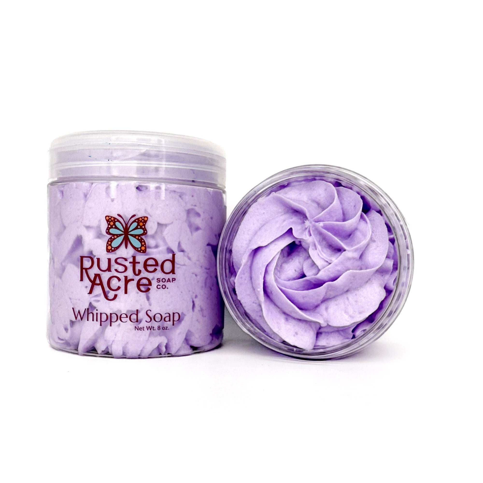 Front and top profile of Calm Lavender whipped soap from Rusted Acre Soap Company