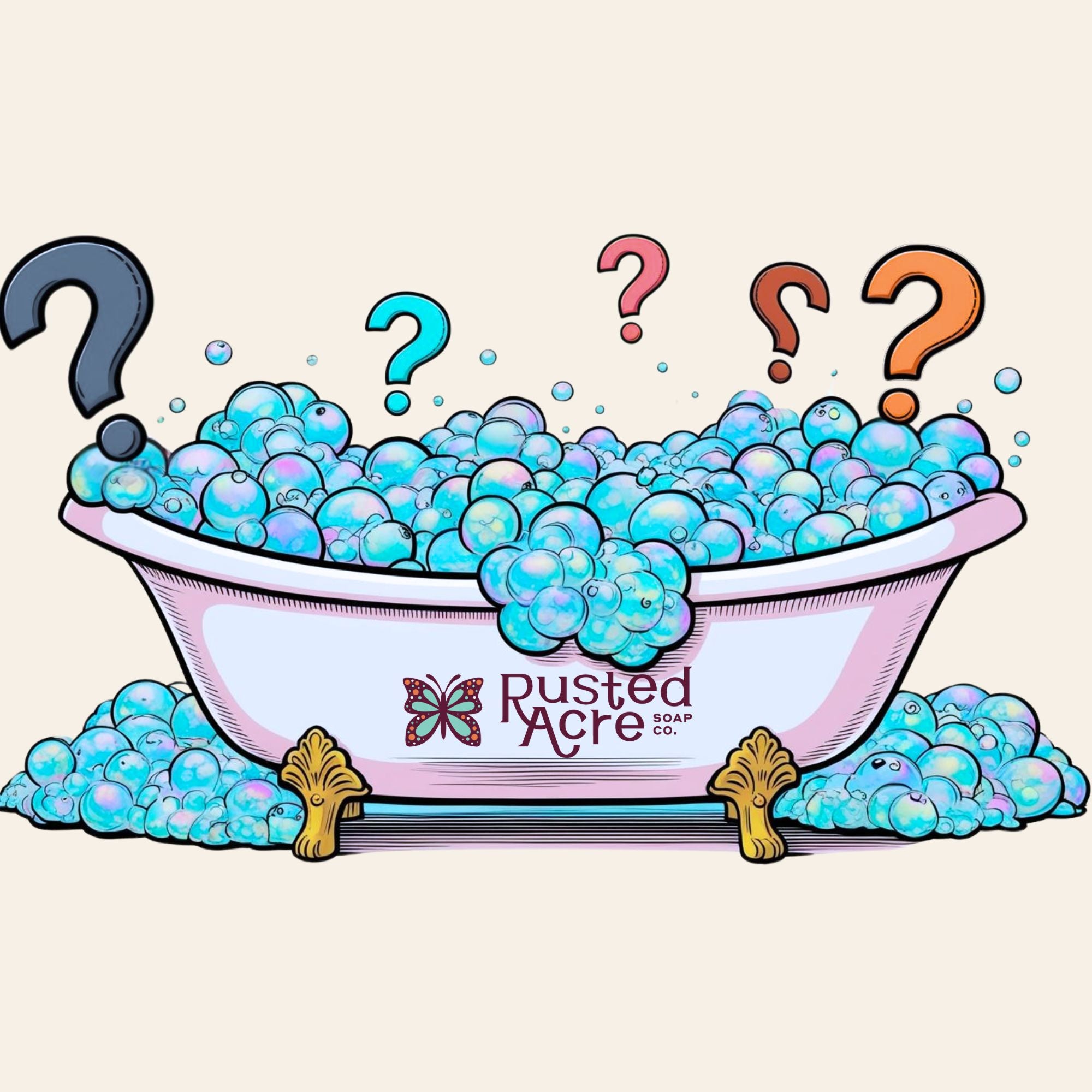 Rusted Acre Soap Company's mystery box product image. A white tube with teal bubbles and question marks above .