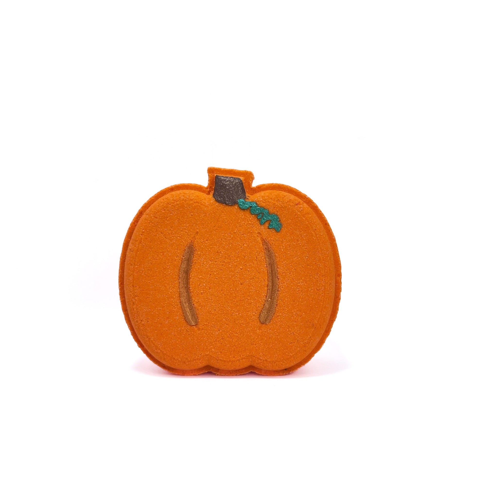 An orange pumpkin shape, pumpkin spice scent bath bomb with a hand-painted brown stem.