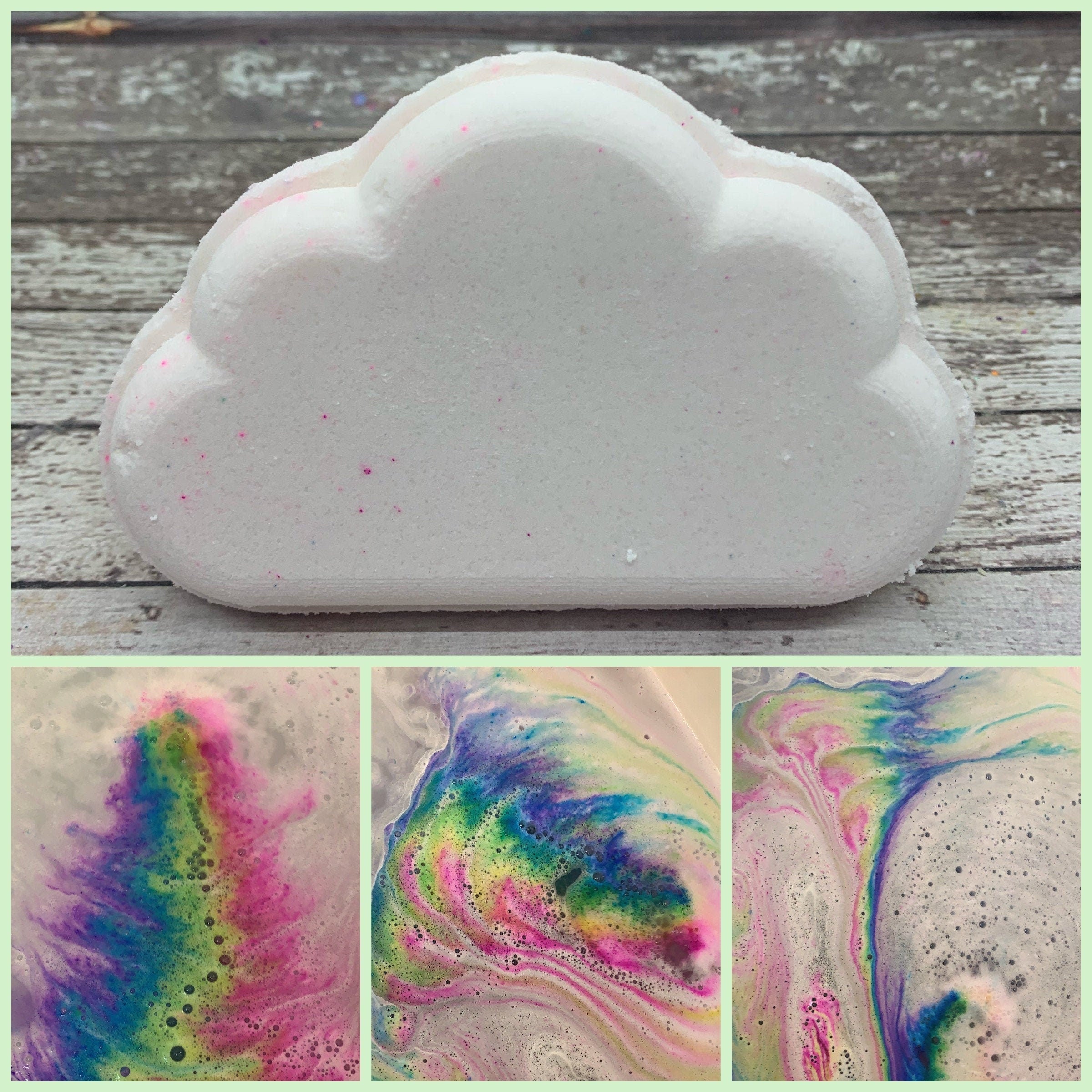 Four picture collage one showing a white cloud shaped bath bomb and three showing rainbow colors escaping the cloud in water. its beautiful!