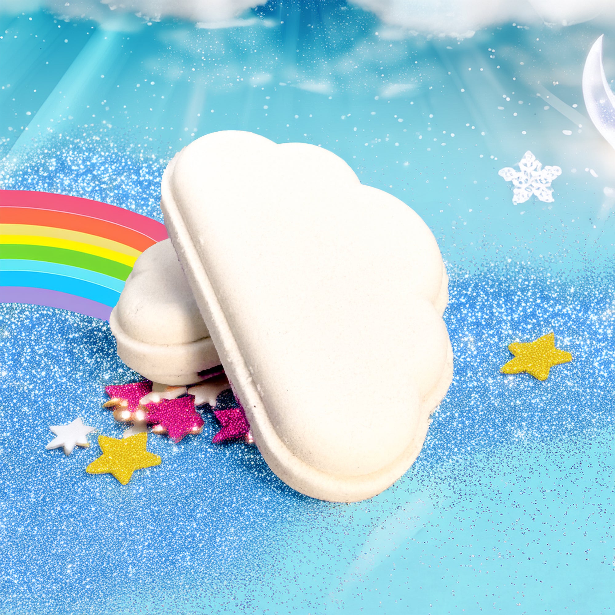 Rusted Acre Soap Company's Rainbow cloud bath bombs on fun glittery backrop.