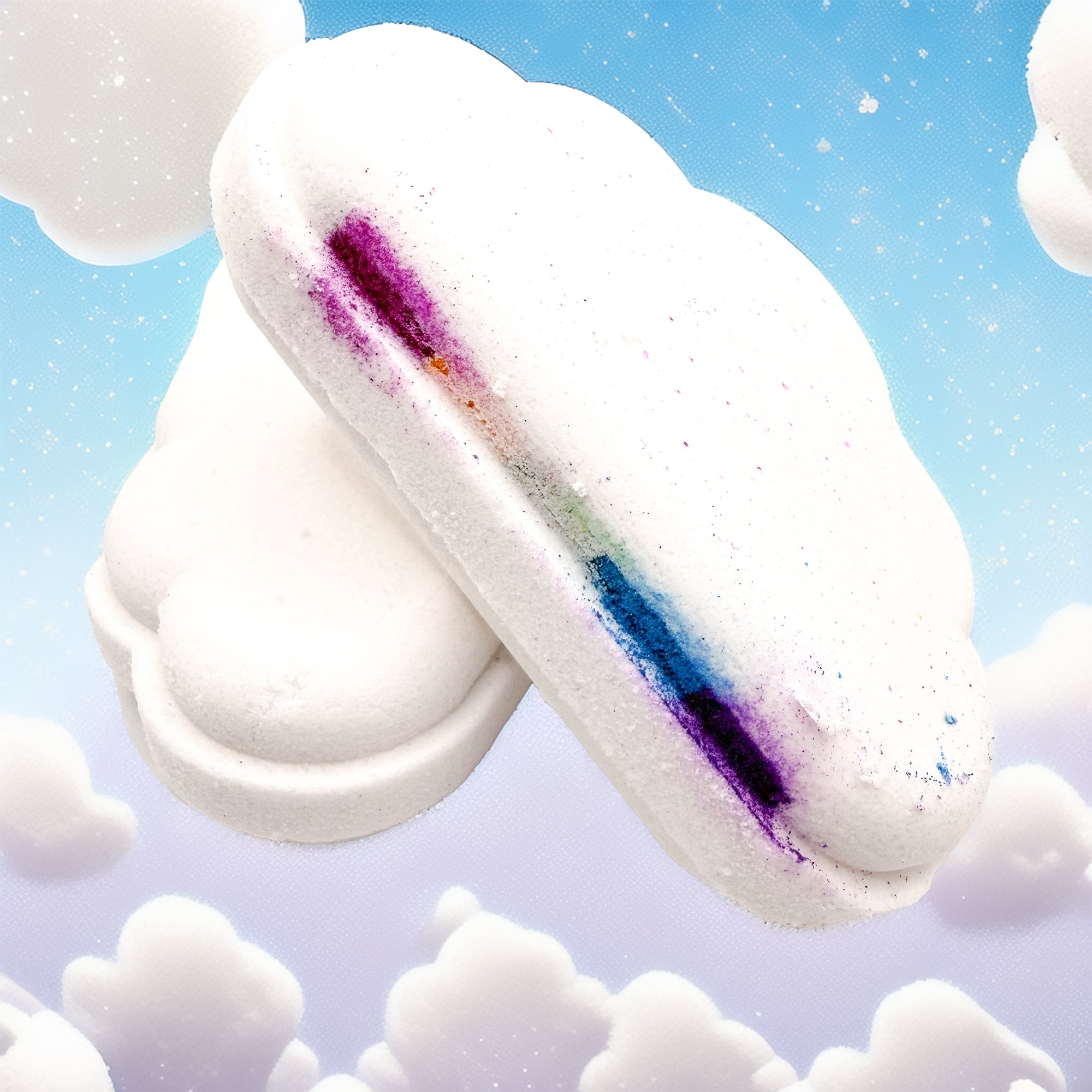 Rainbow cloud made by Rusted Acre Soap Company floating in the air amongst the clouds.