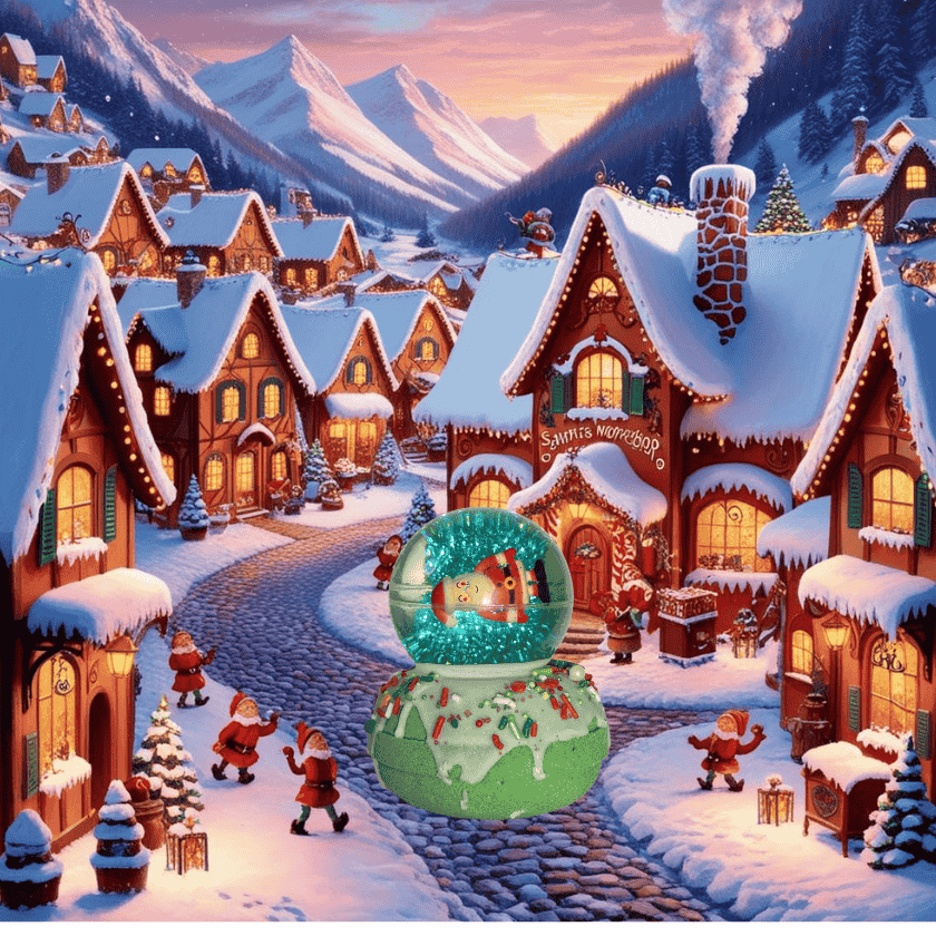 A Santa snow globe from Rusted Acre Soap Company, parading down a cartoon street in a mountain town setting.