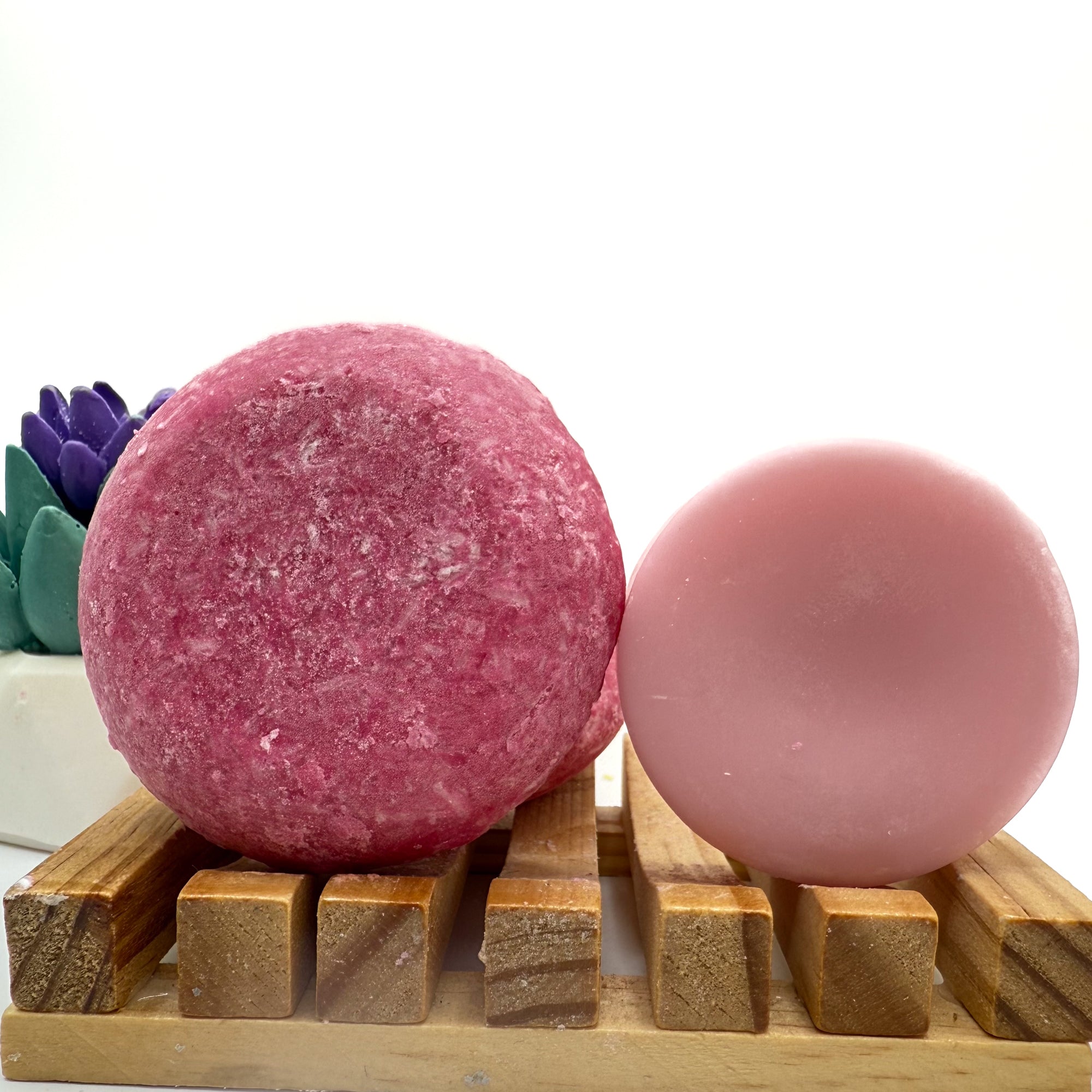 Beach Vibes zero waste Shampoo and Conditioner bar on a wood soap dish with a white background standing on side.