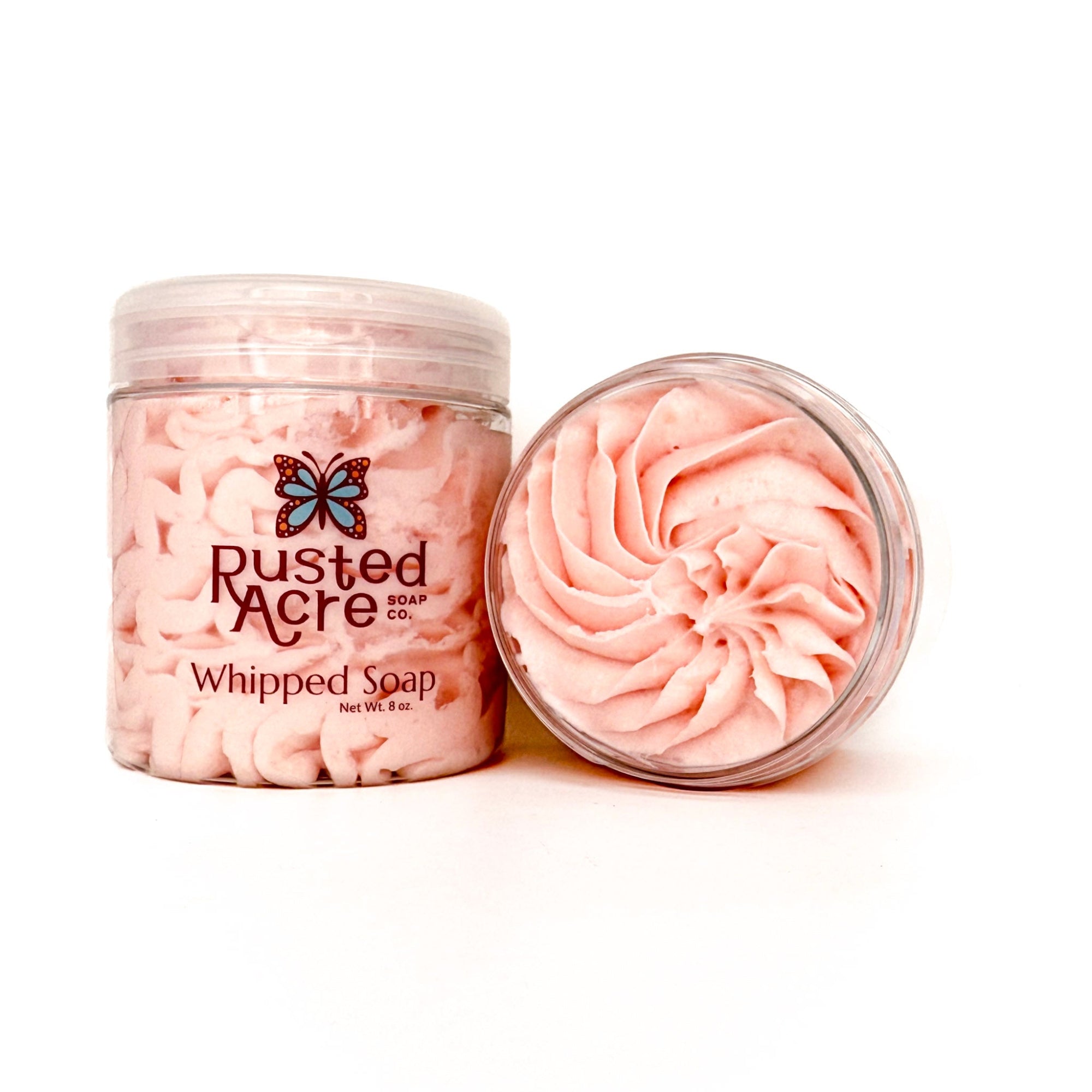 Front and top profile of Strawberries and Cream whipped soap from Rusted Acre Soap Company