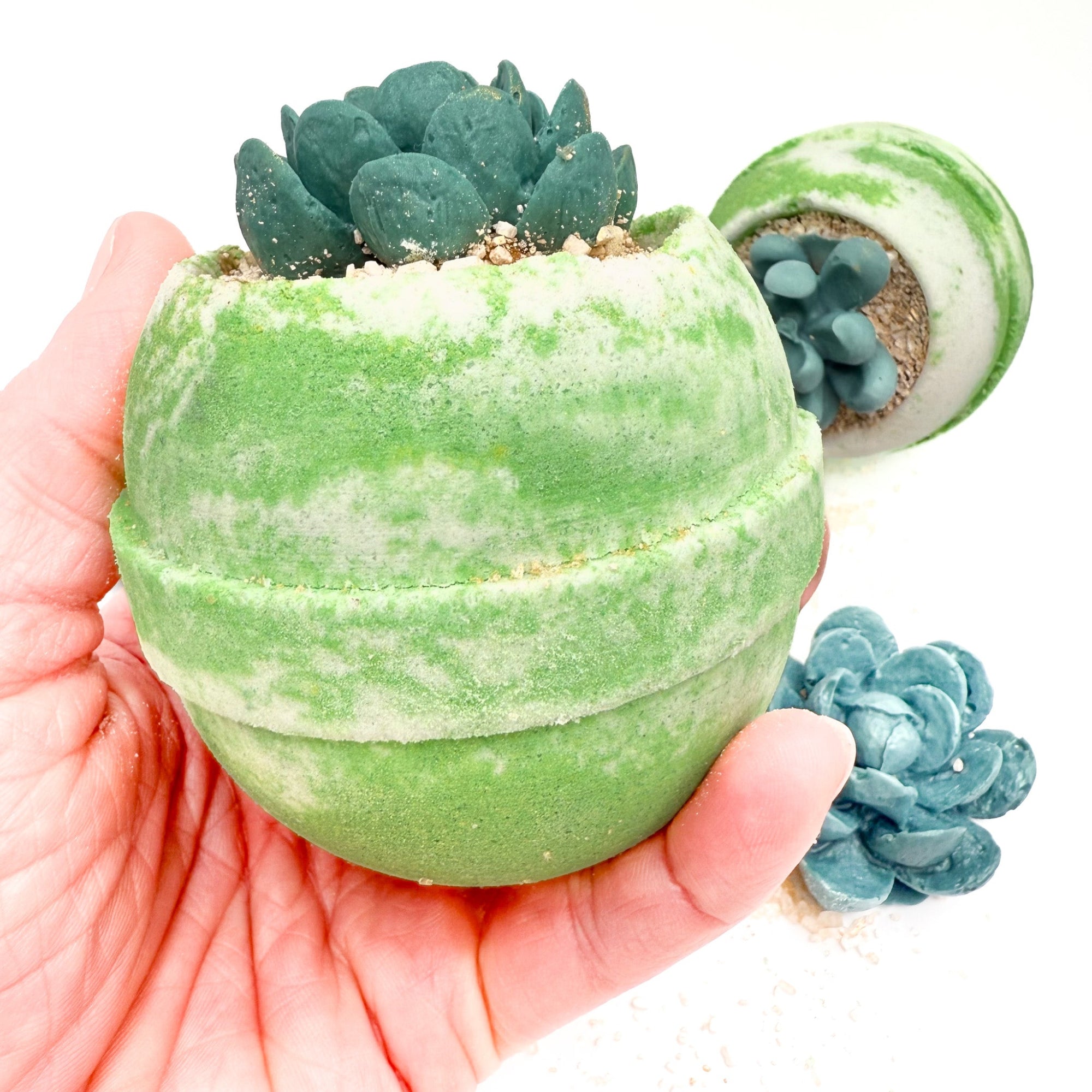Large succulent bath bomb from Rusted Acre Soap Co in in hand.