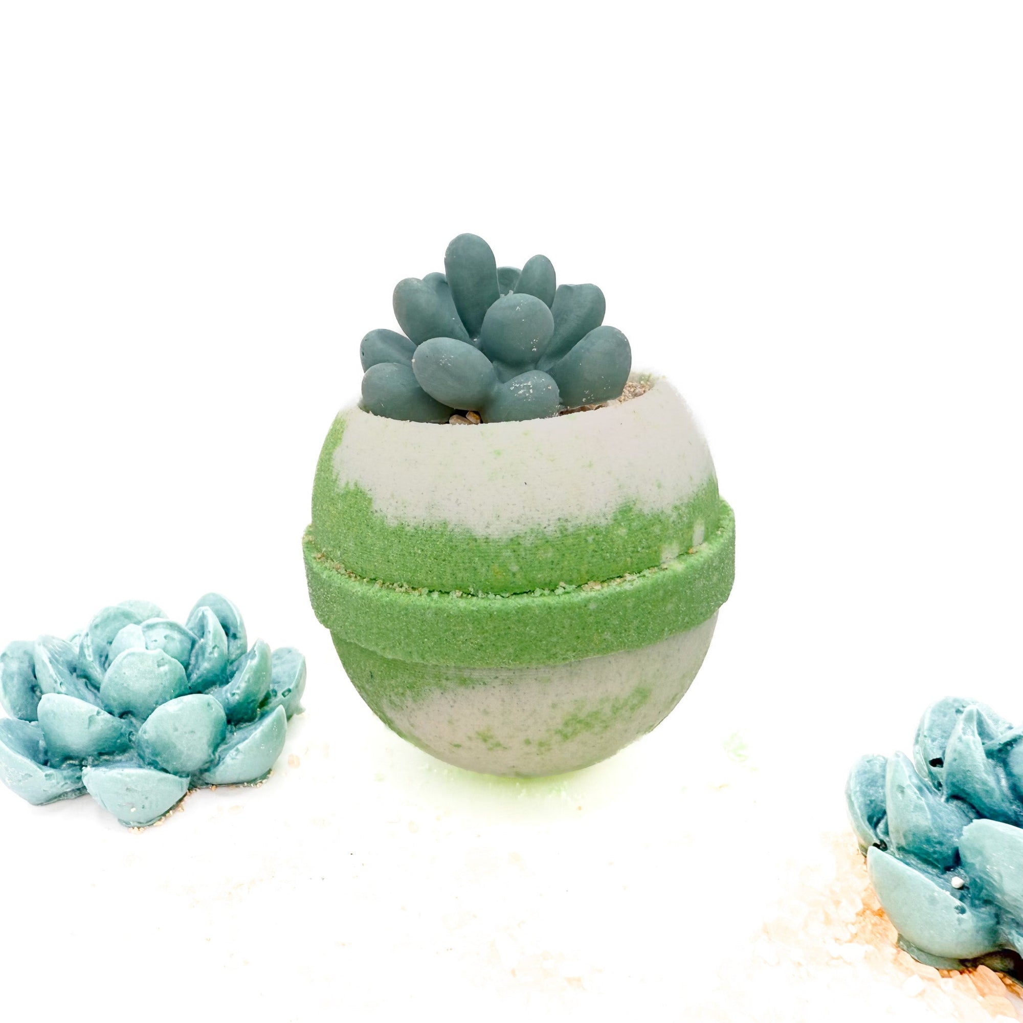 Large succulent bath bomb from rusted acre soap company. green and white with succulent soaps.