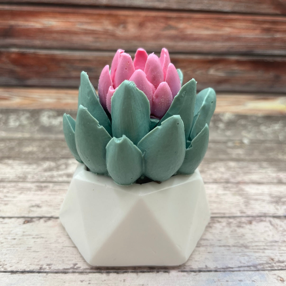 One broad leaf succulent soap with a pink flower center and a white soap pot, hand made by Rusted Acre Soap Co.