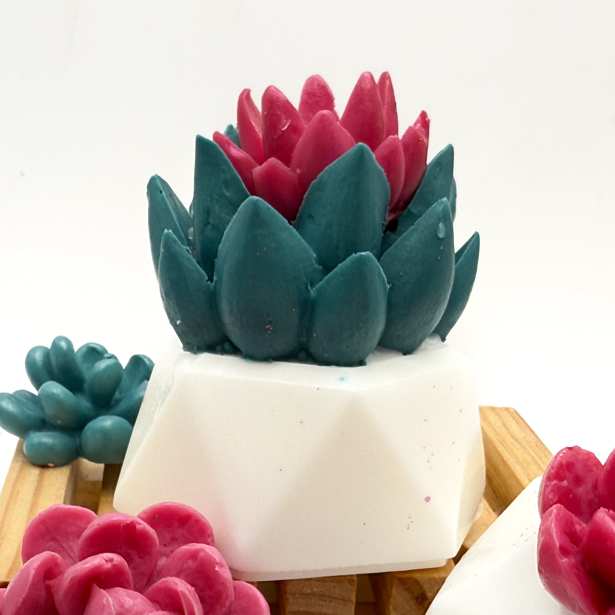 One broadleaf succulent soap with a pink flower center and a white soap pot surrounded with pink and green succulent soaps handmade by Rusted Acre Soap Co.