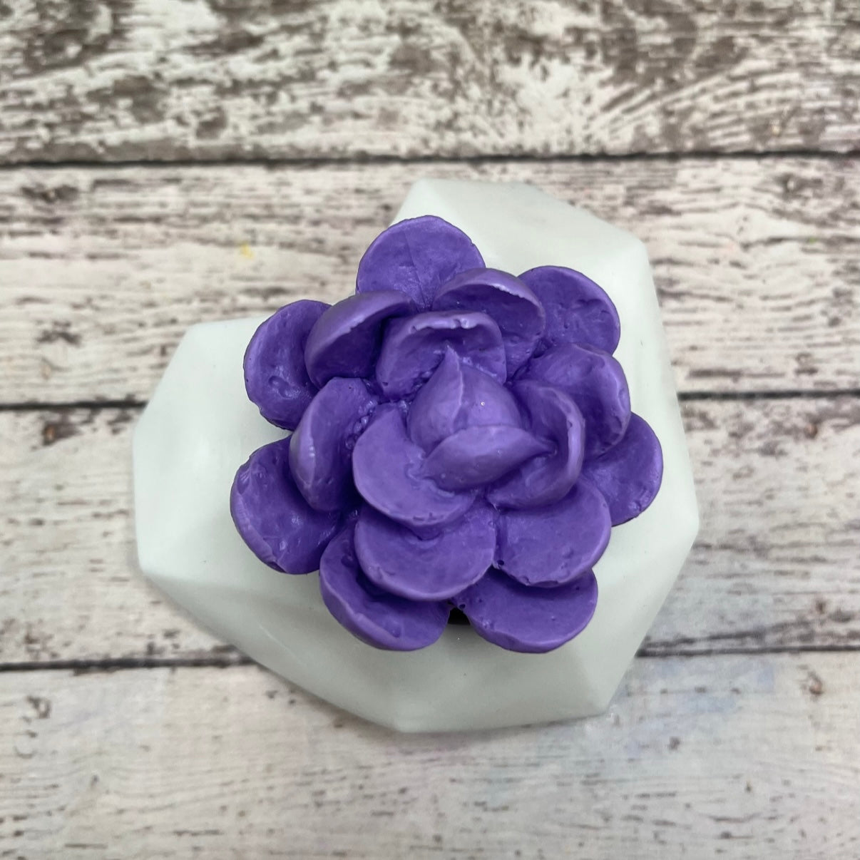 One broad leaf succulent soap with a purple flower and a white soap pot, handmade by Rusted Acre Soap Co.