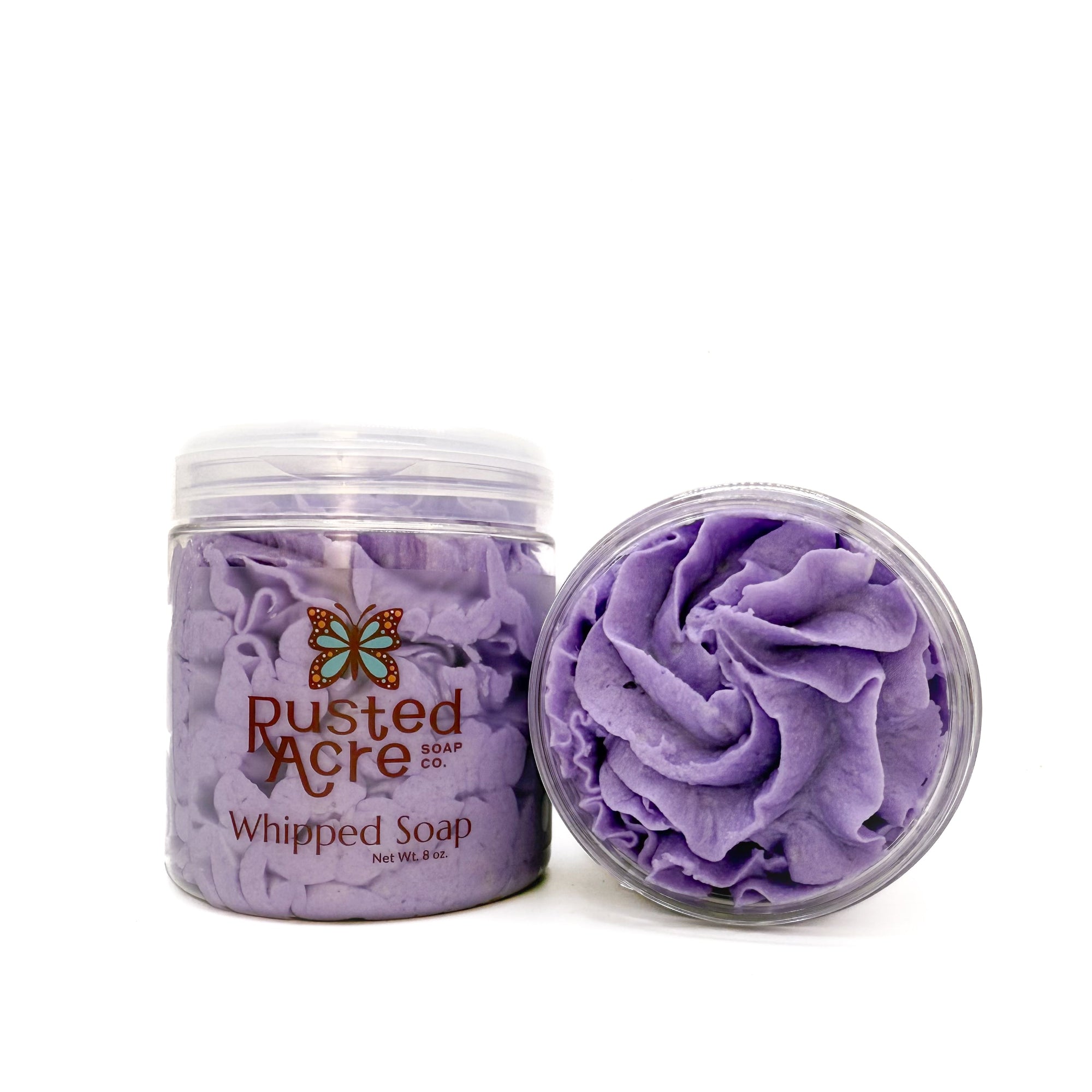 Rusted Acre Soap Company's sugar plum fairy whipped soap. Two jars front and top view.