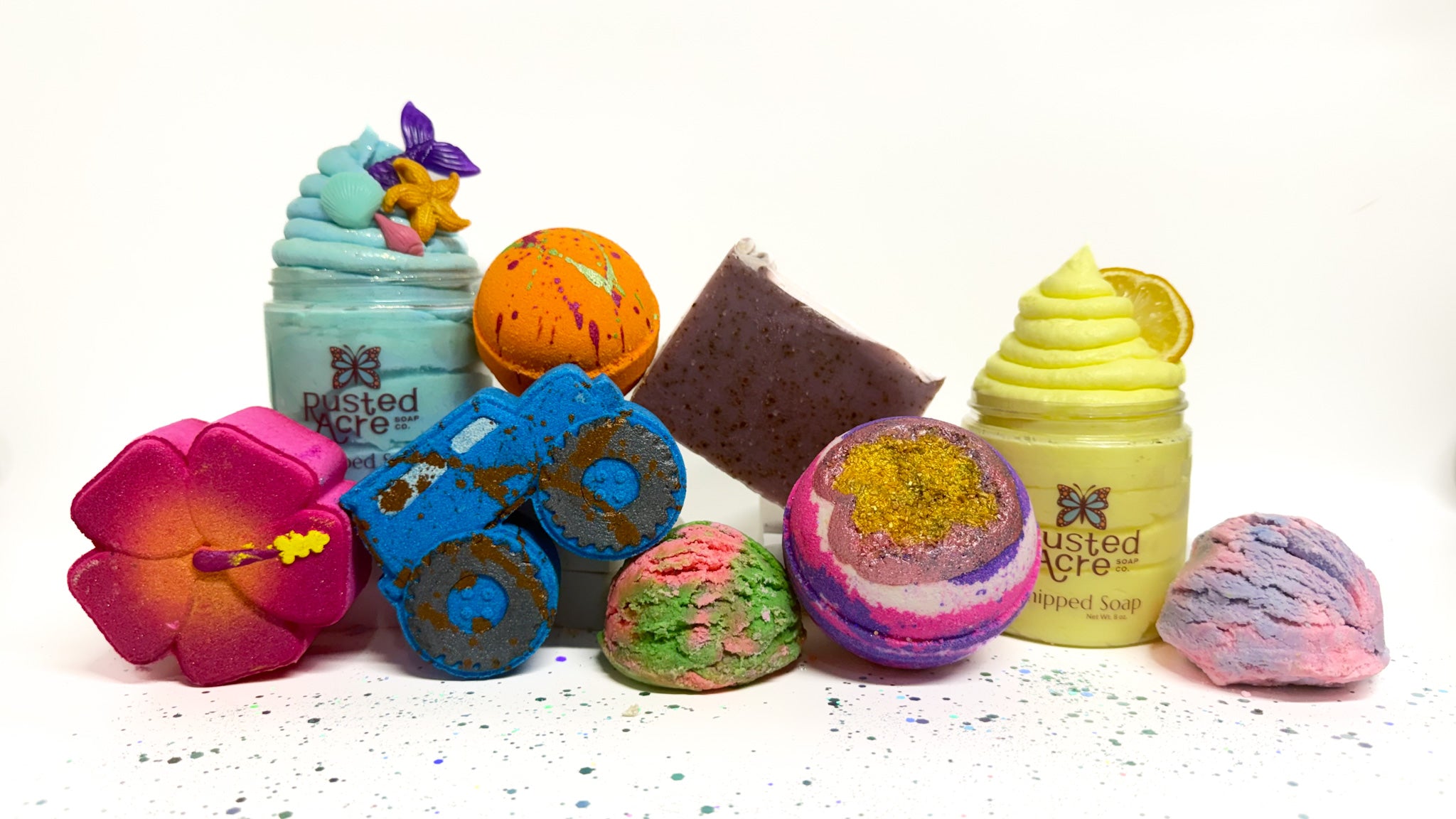 A mix of Rusted Acre Soap Co's bath and body products with a summer vibe.