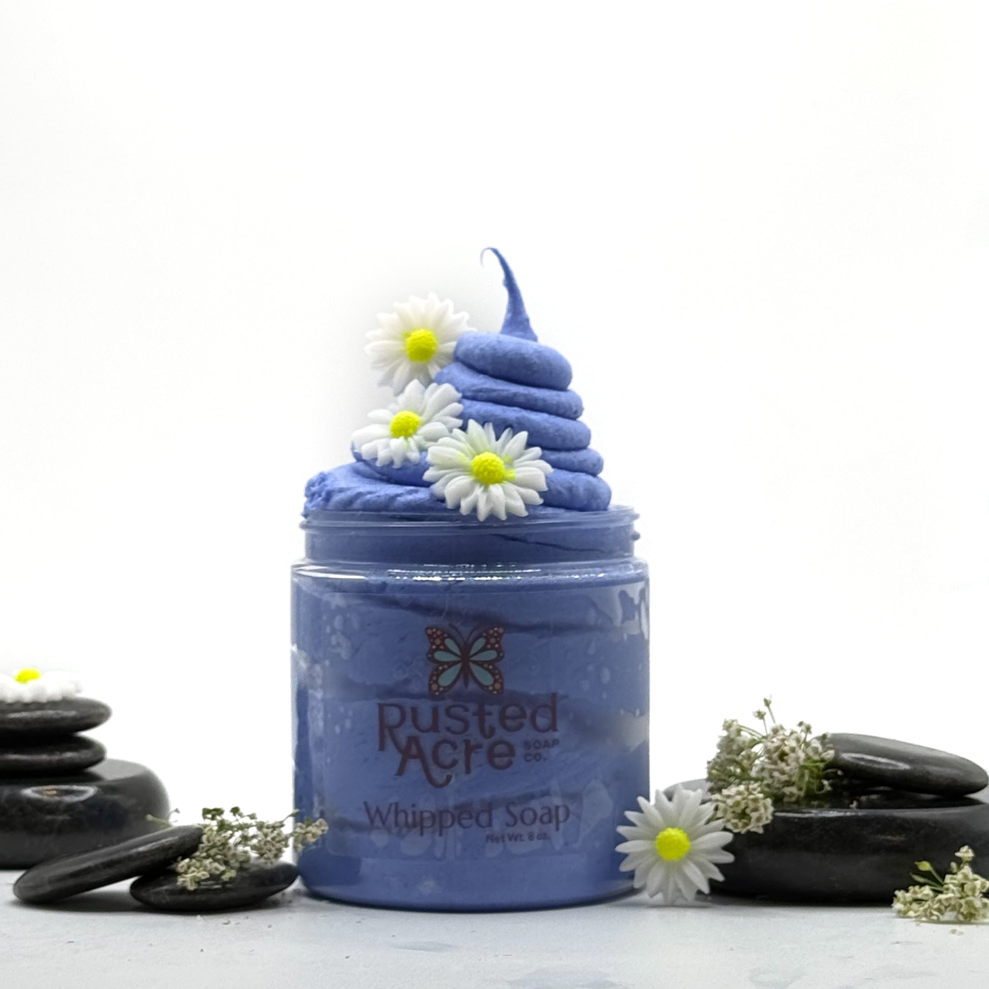 One jar of blue tranquility whipped soap made by Rusted Acre Soap Co.