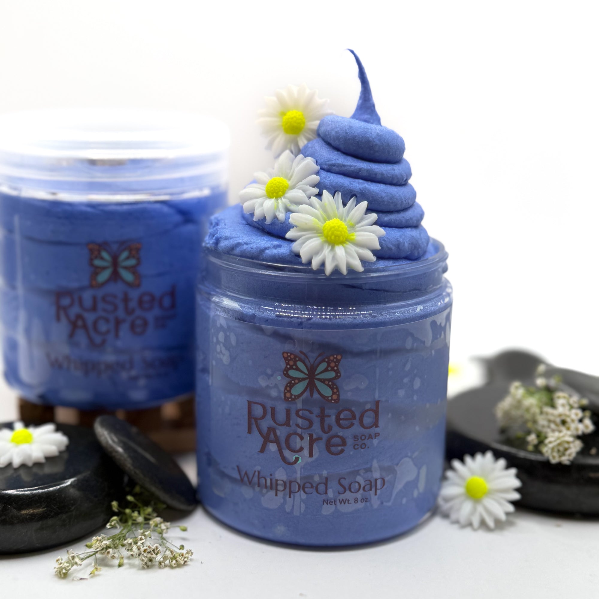 Two jars of blue tranquility whipped soap made by Rusted Acre Soap Co.