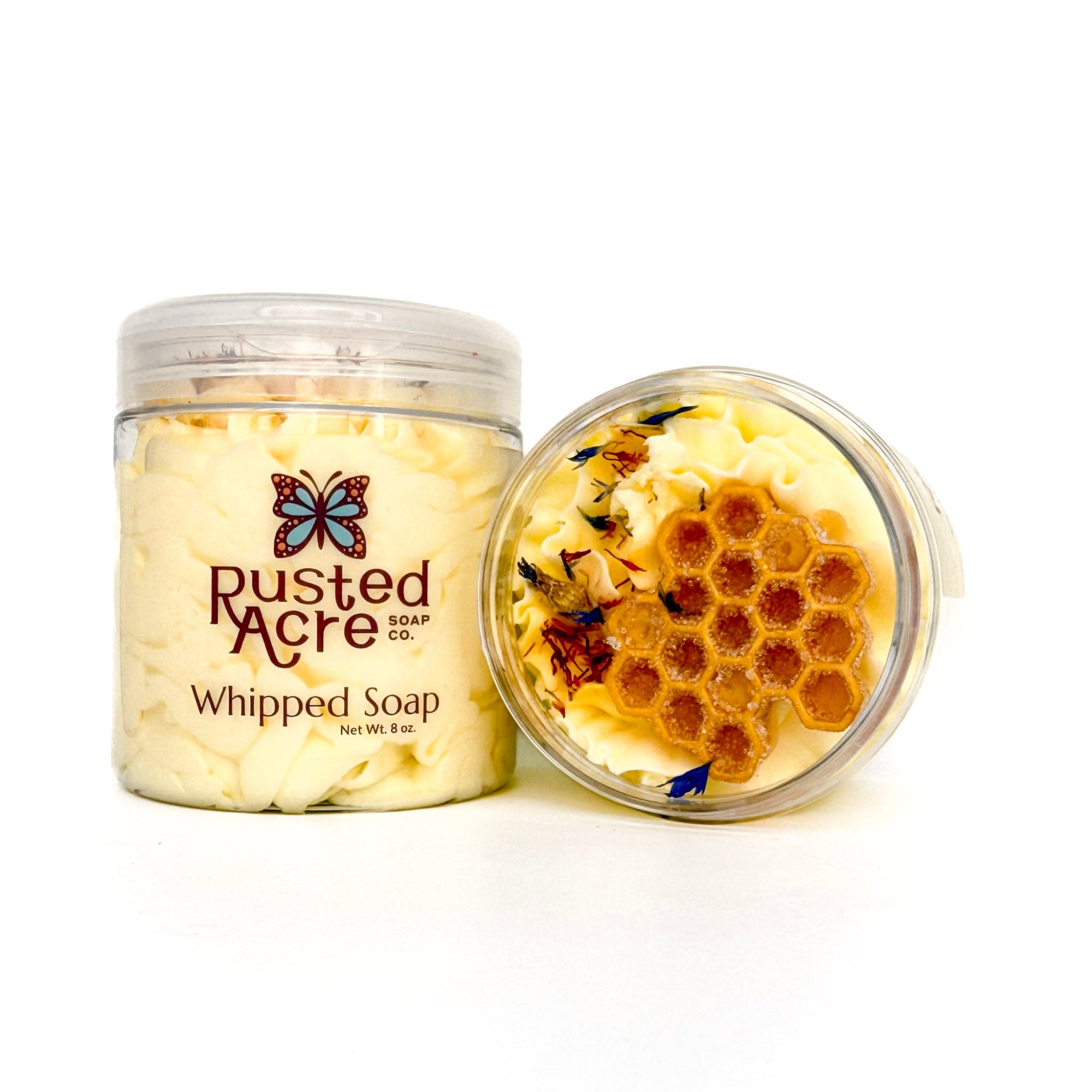 Front and top profile of Wildflower Honey whipped soap from Rusted Acre Soap Company