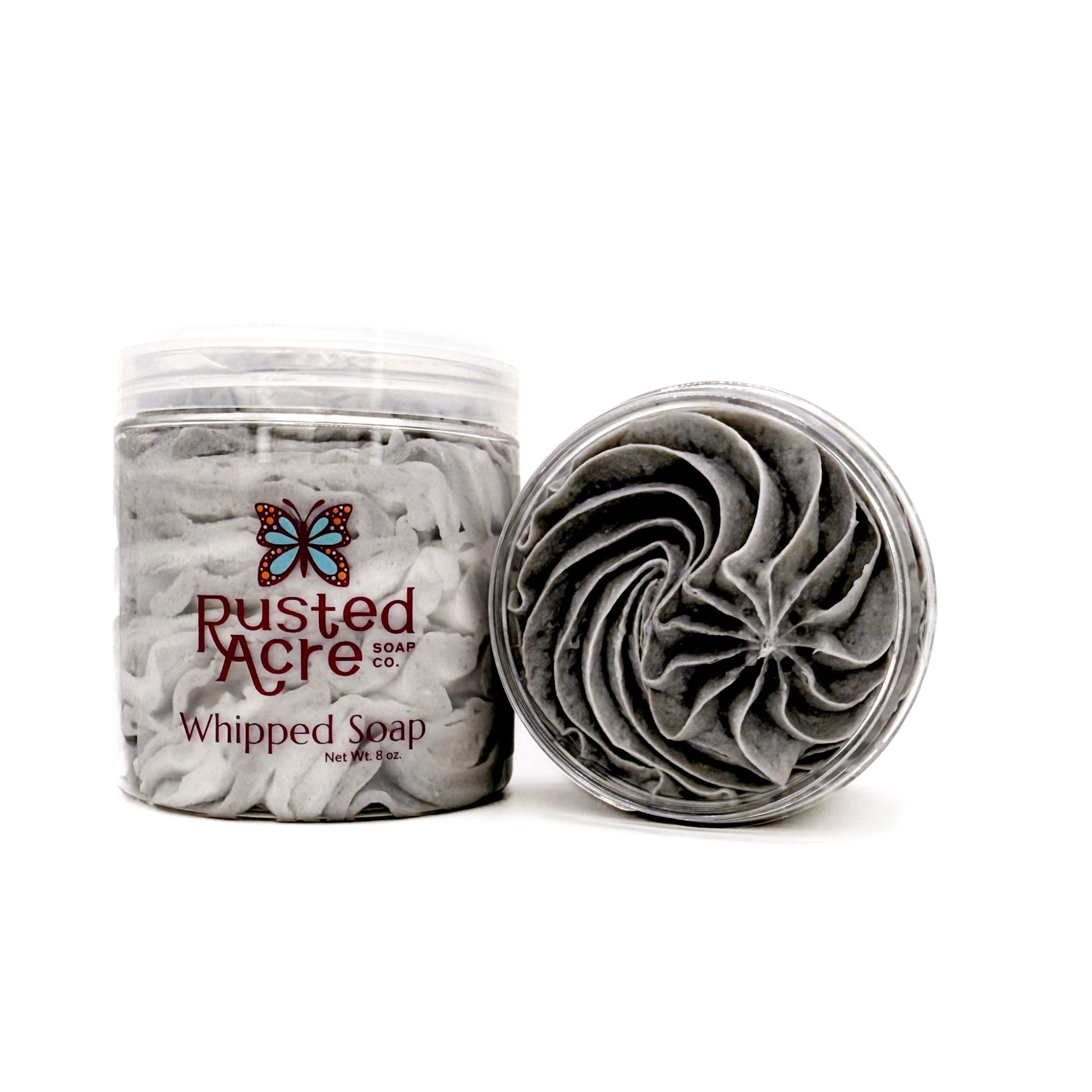 Front and top profile of Tuxedo whipped soap from Rusted Acre Soap Company