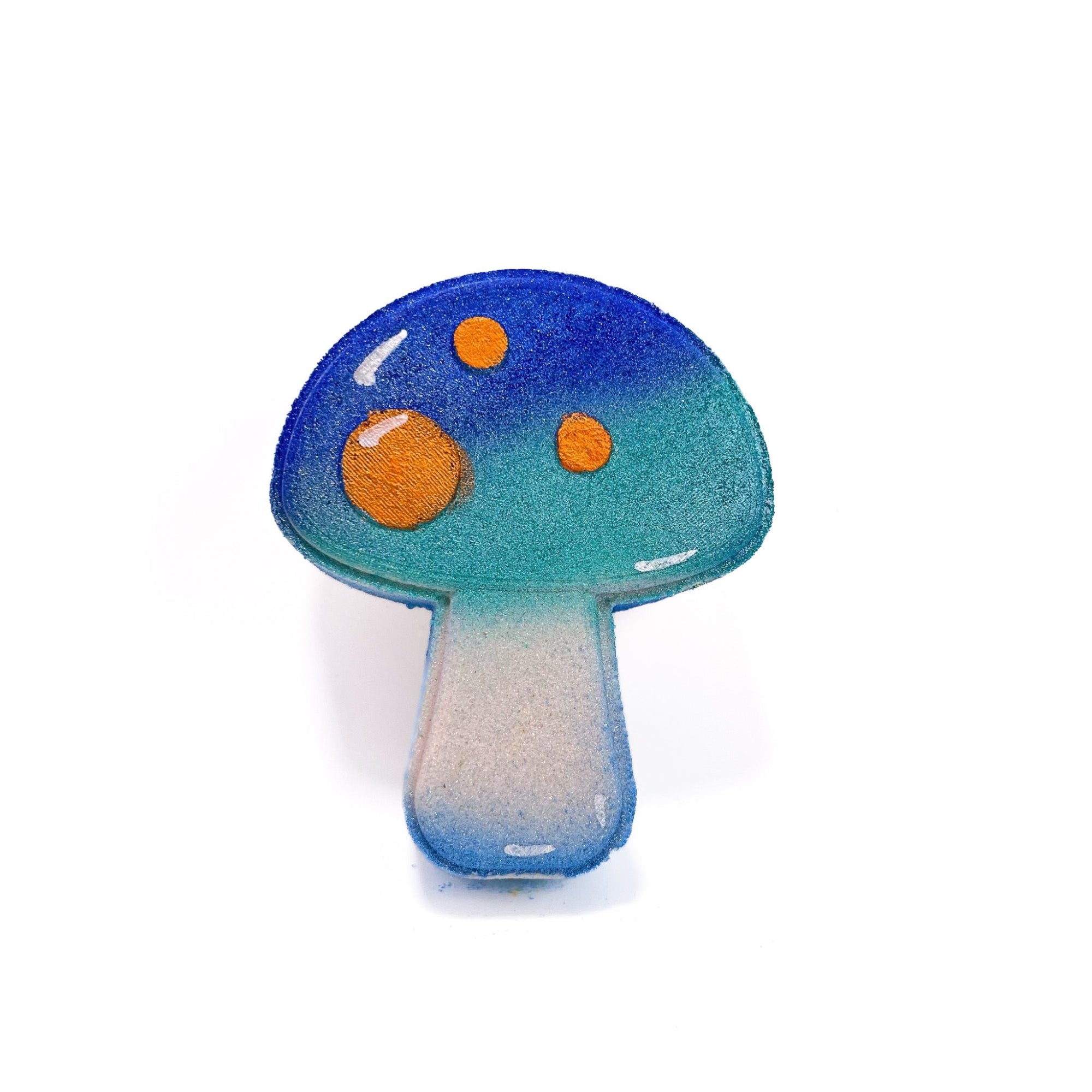 A mushroom shaped bath bomb. Airbrushed from bottom to top teal to blue. Hand-painted orange dots.