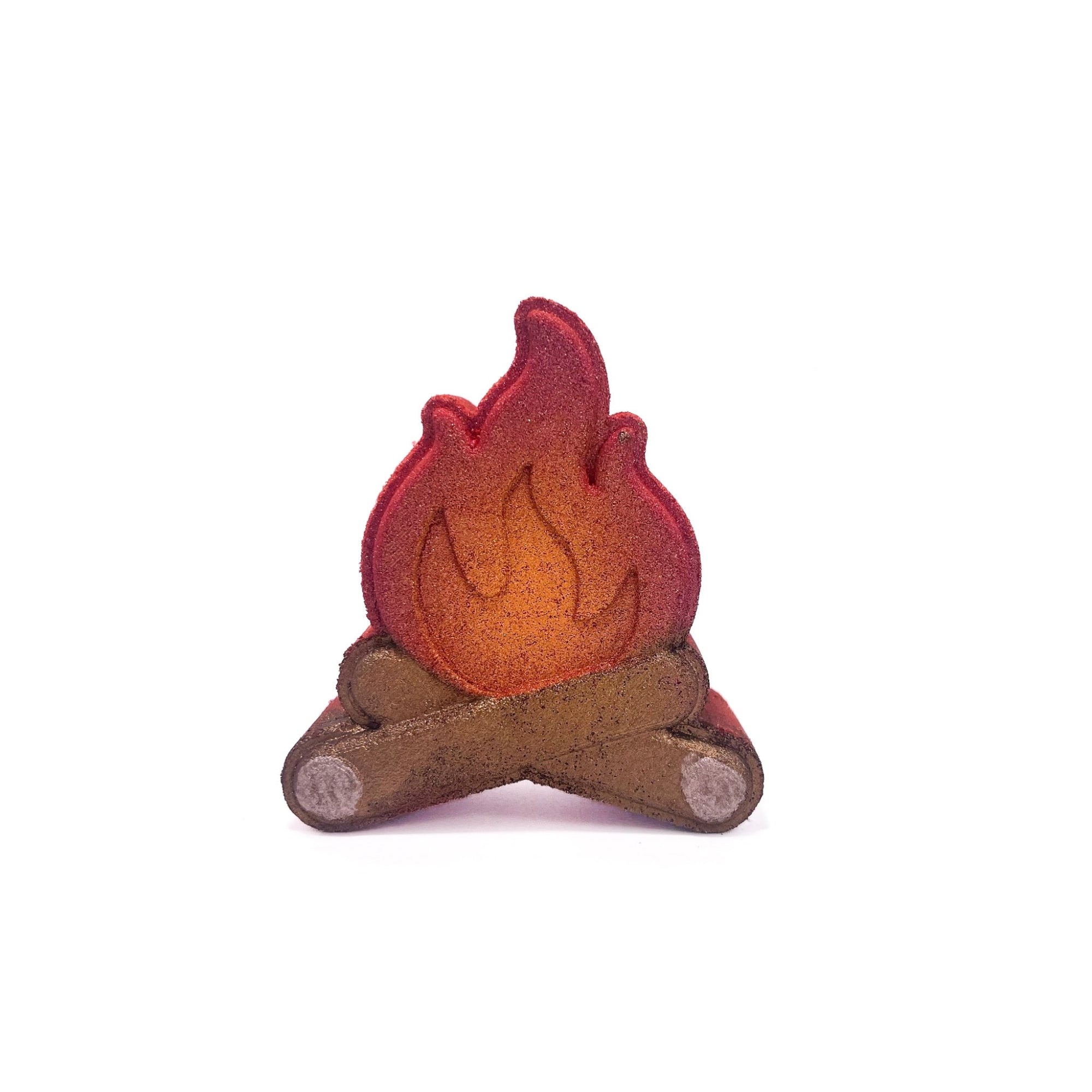 One campfire shaped bath bomb. Hand-painted logs with flames airbrushed orange to red.