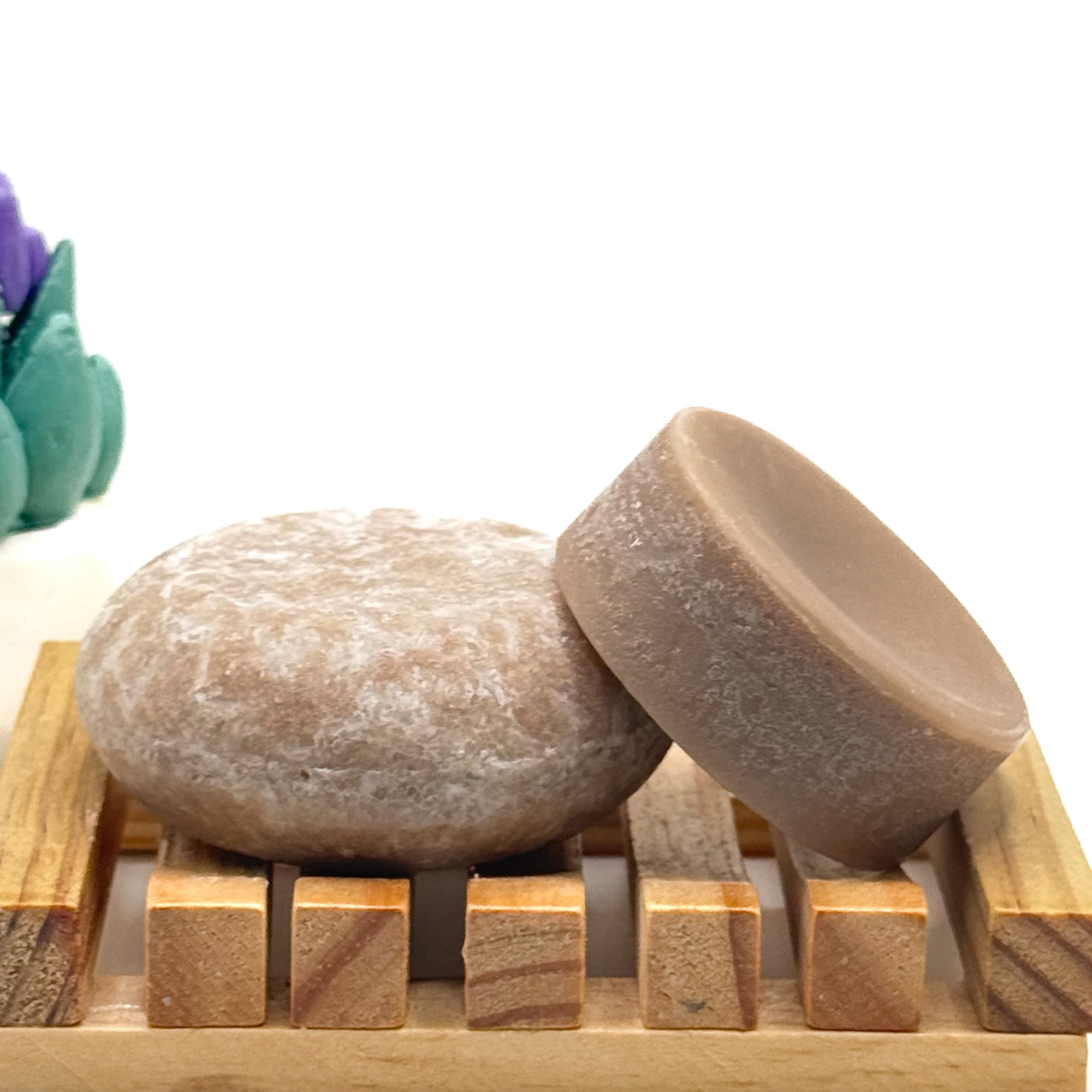 Brown rice shampoo and conditioner bars on a wooden soap dish with a white background.