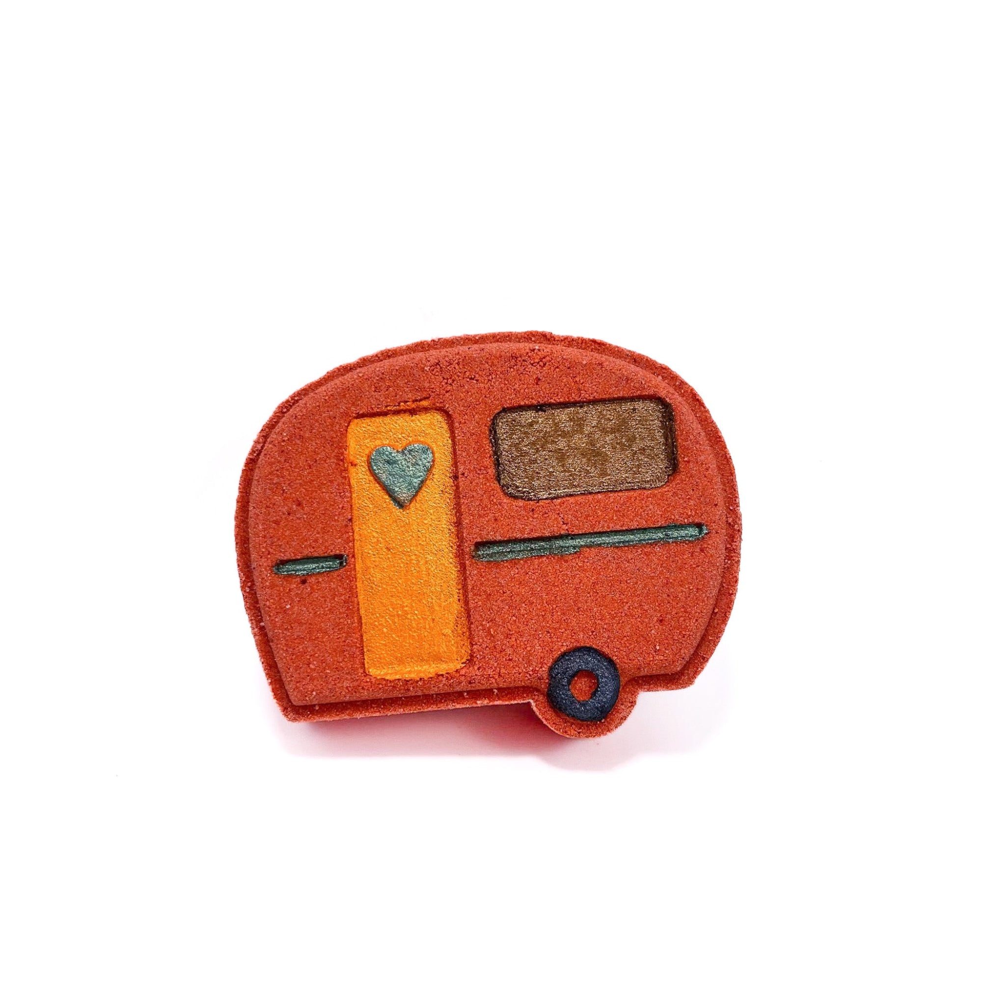 A burnt orange camper with hand-painted teal heart and stripe, an orange door, brown window and black tire.