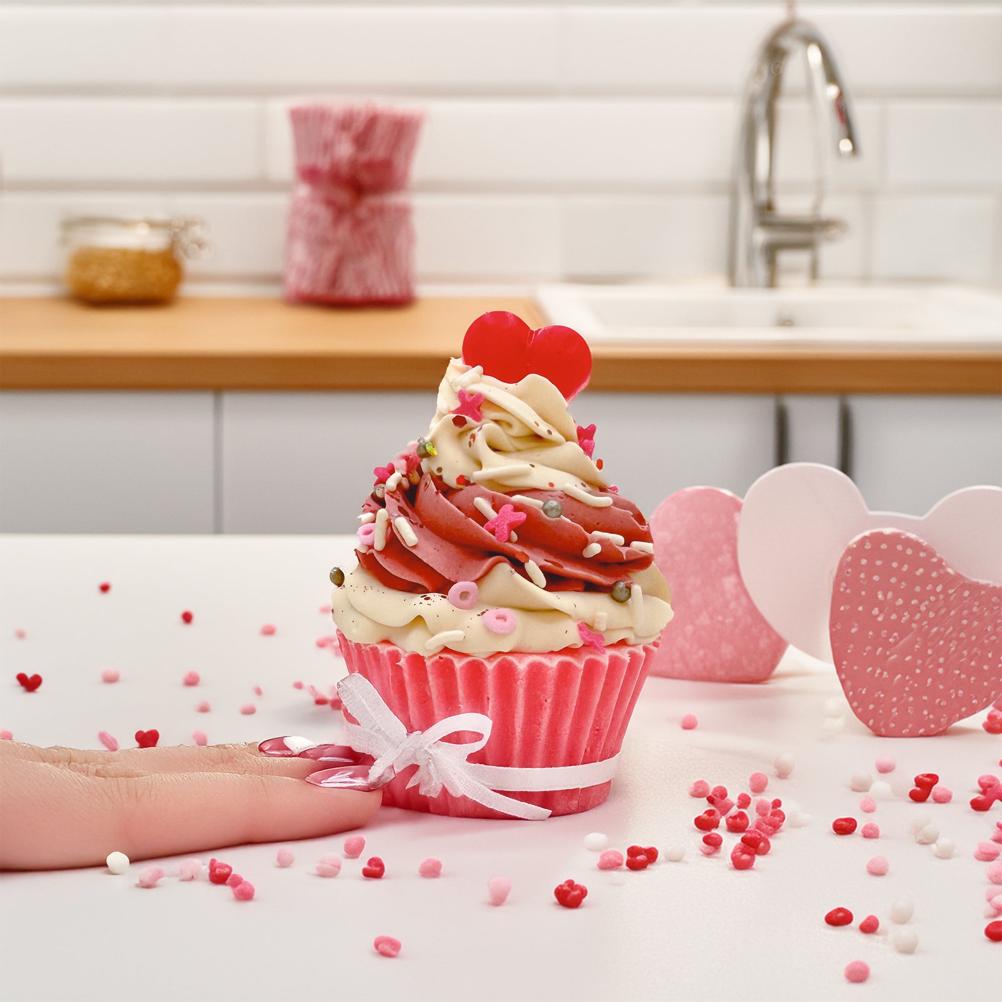 Rusted Acre Soap Company's heart cupcake soap. Pink and white hand piped cupcake soap.