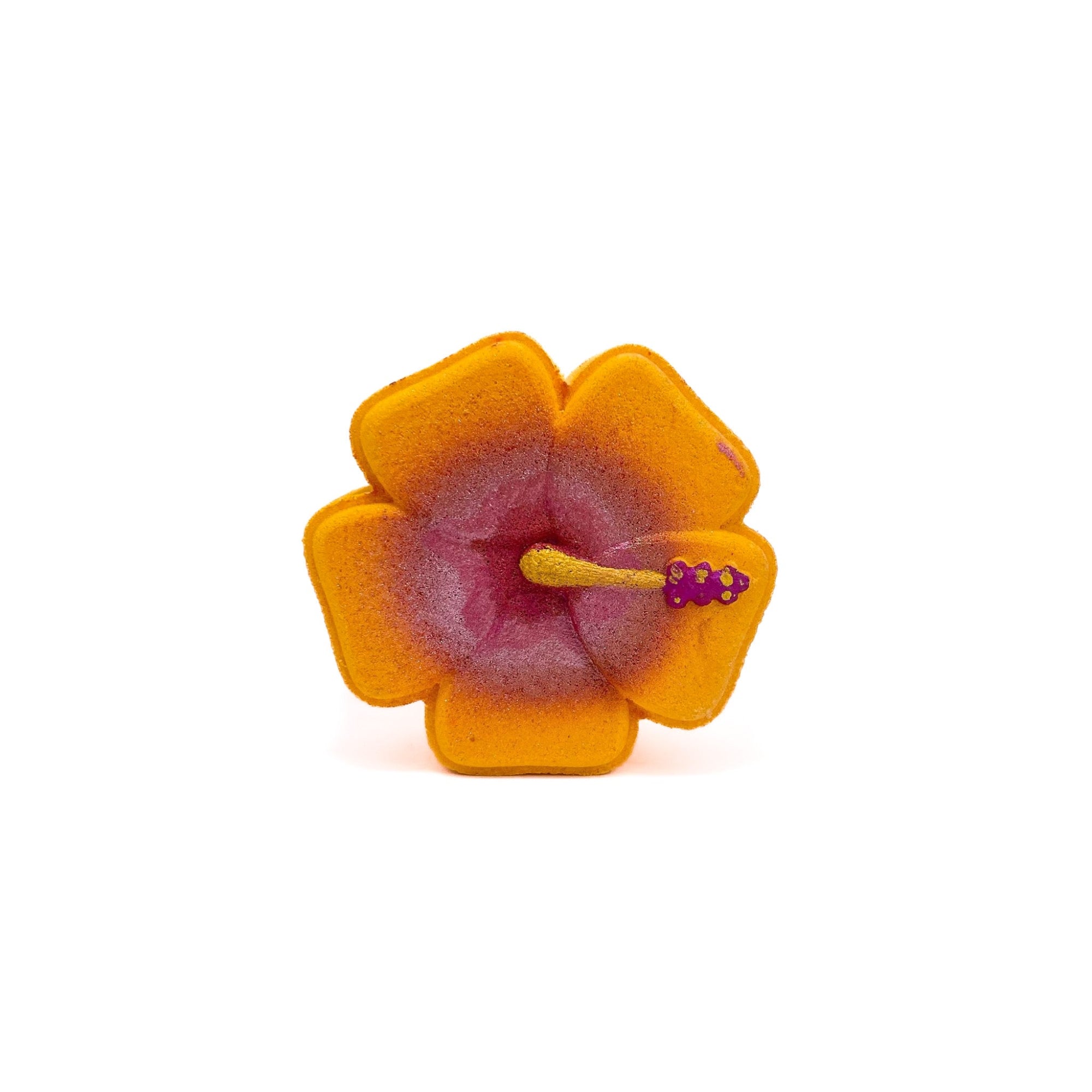 A orange hibiscus shaped bath bomb. Hand-painted yellow center.