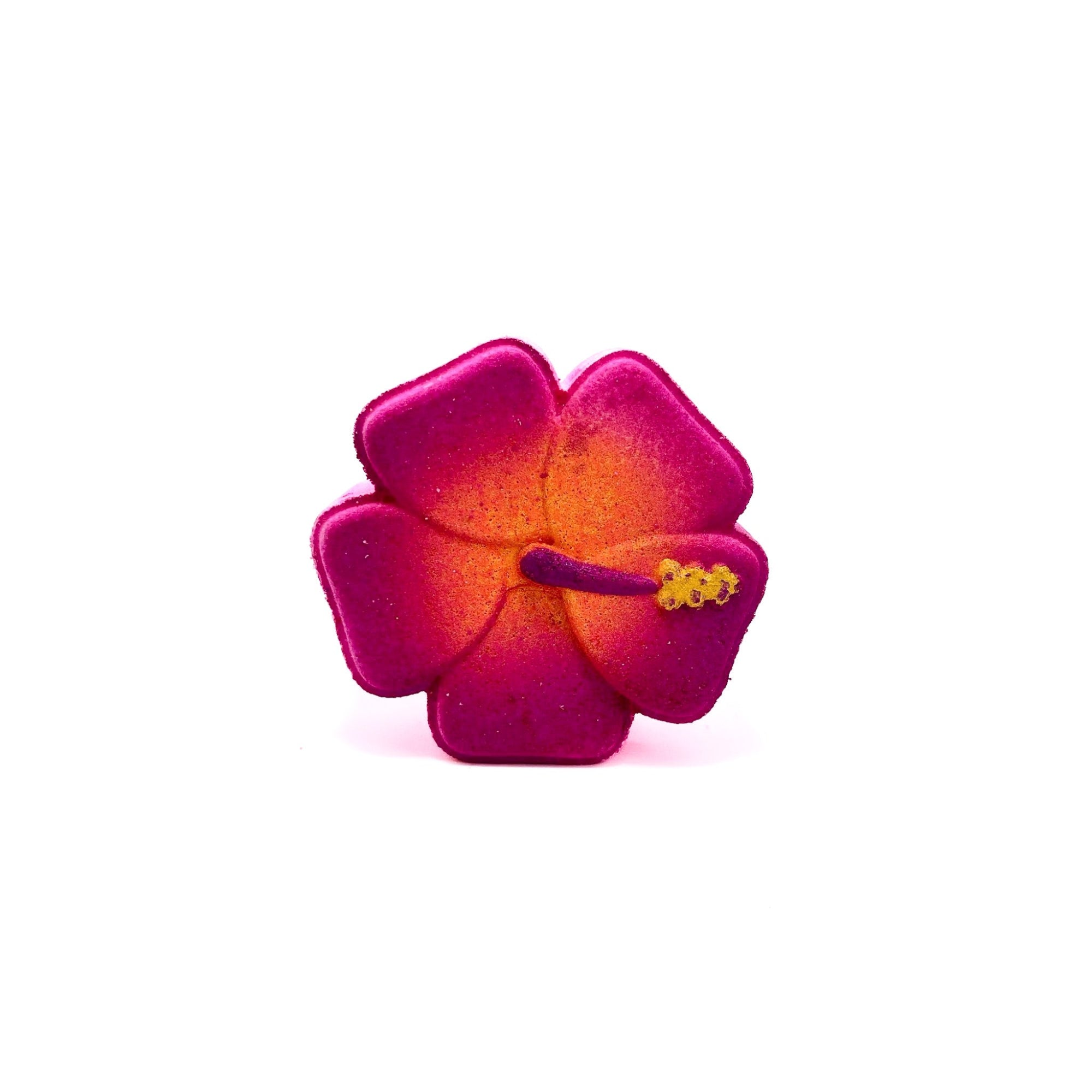 A pink hibiscus shaped bath bomb gradient yellow to pink. Hand-painted  pink stament.