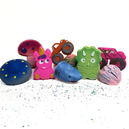 Multiple hand painted themed bath bombs for kids and adults. 