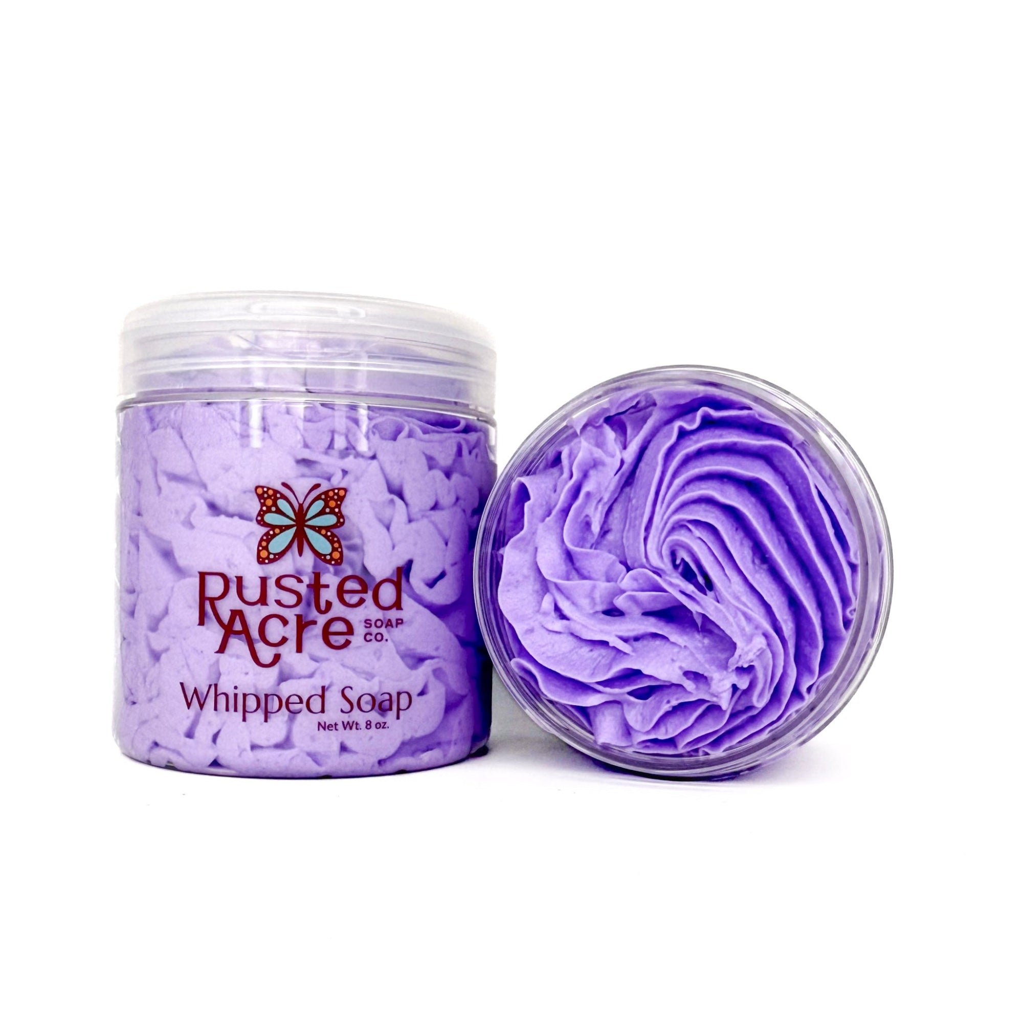 Front and top profile of Lilac whipped soap from Rusted Acre Soap Company
