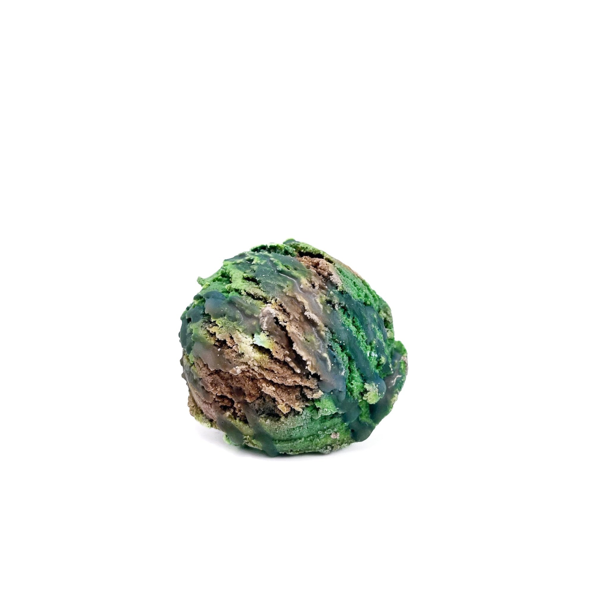 A scoop of mint green and chocolate brown bubble bar resembling a scoop of ice cream. 