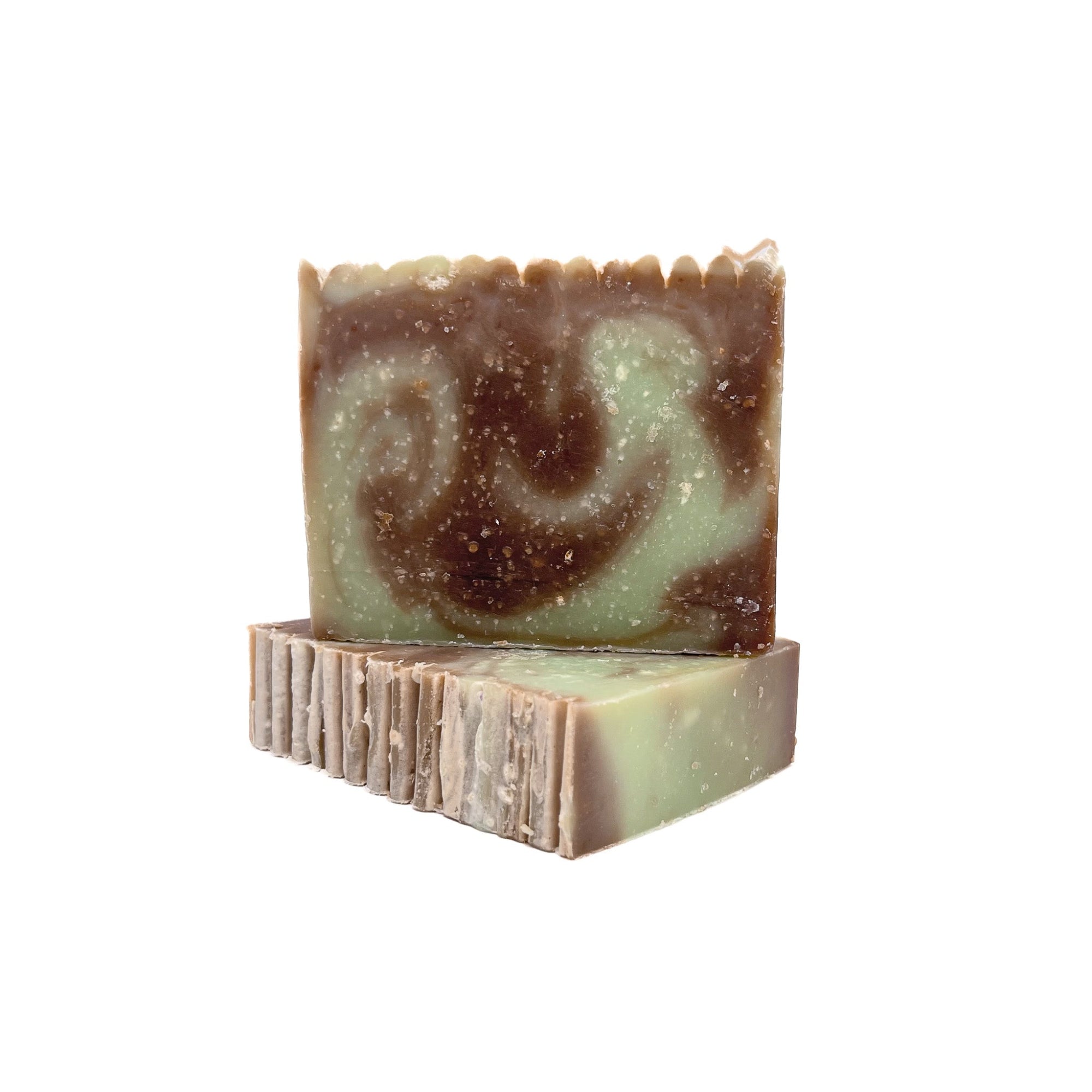 Two bars of brown and green swirled mint chocolate handmade soap from Rusted Acre Soap Co.