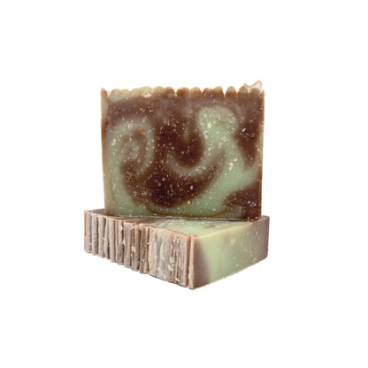 Two bars of brown and green swirled mint chocolate handmade soap from Rusted Acre Soap Co.
