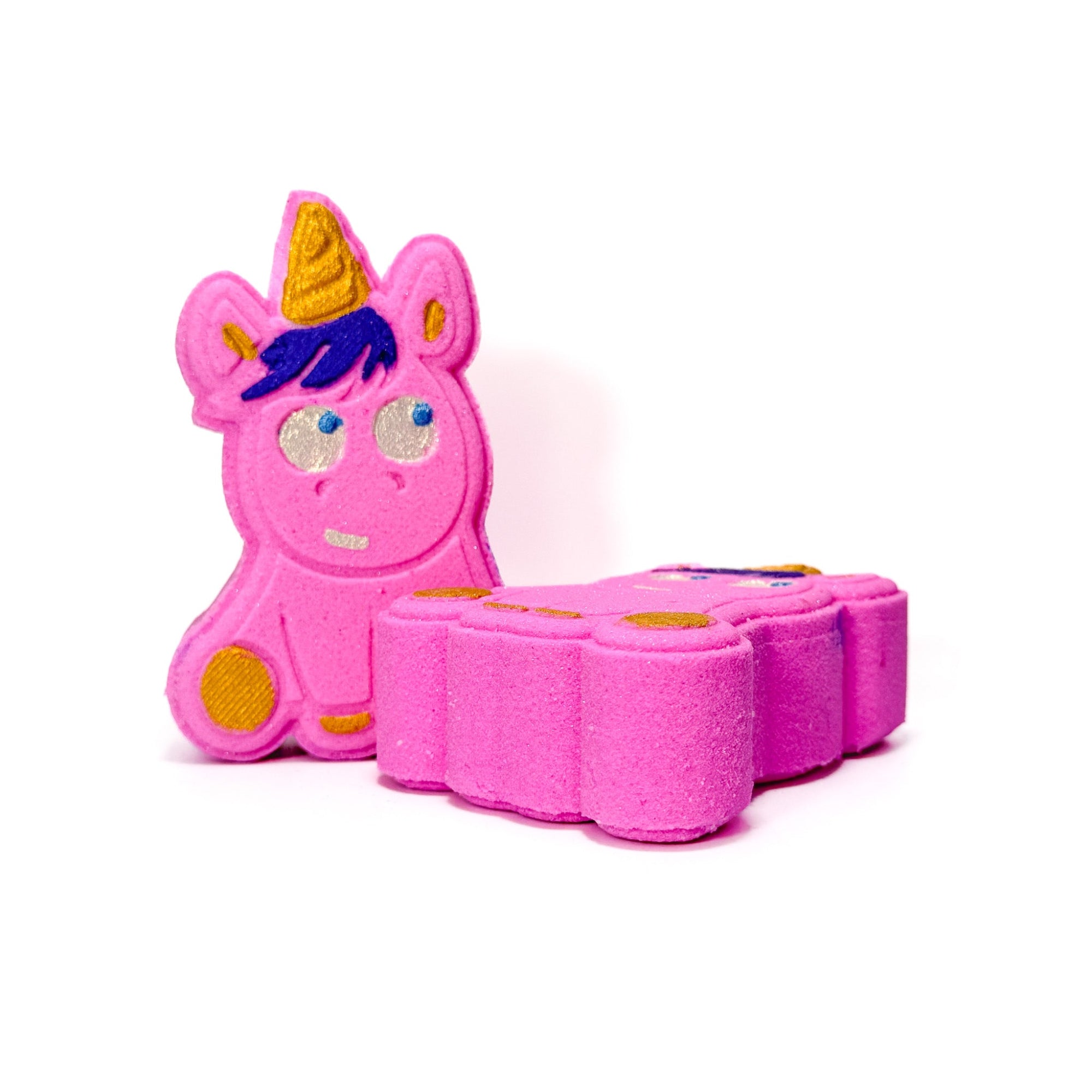 Rusted Acre Soap Companies pink unicorn bath bomb, front and side view