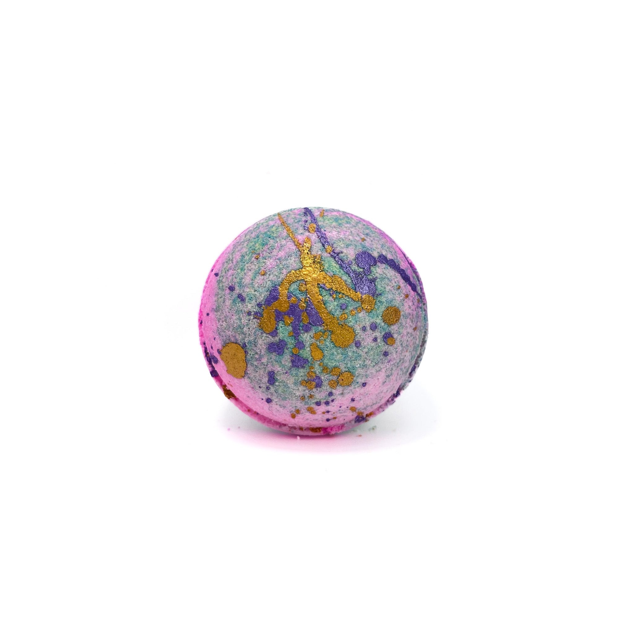 Round bath bomb swirled with with and teal. Splattered with purple and gold mica