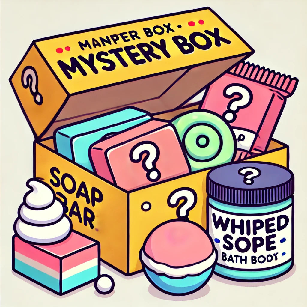 A cartoon looking image of various personal care products from Rusted Acre Soap Company in a box. Some labels are misspelled. 
