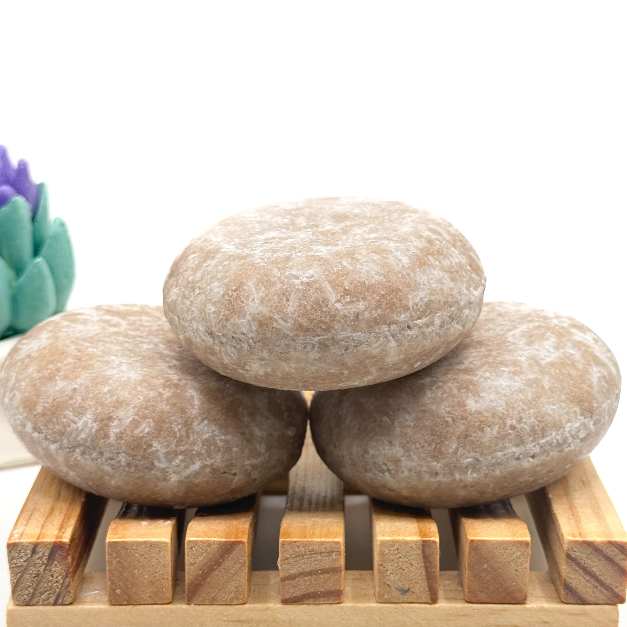 Three tan rice protein shampoo bars on a wooden stand with a white background