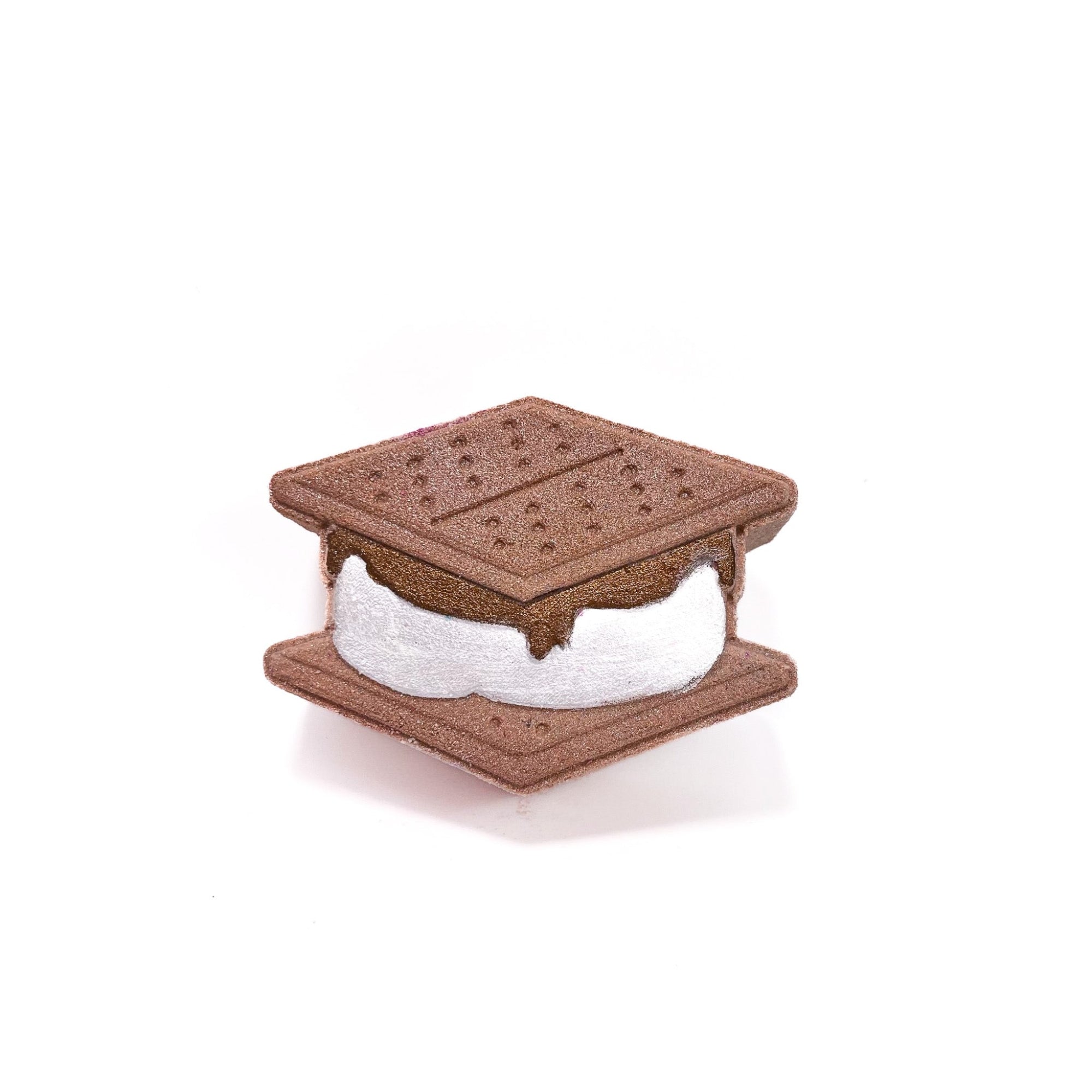 a s'mores shaped bath bomb hand-painted graham crackers, marshmallow, and chocolate bar.  