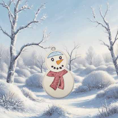 A white snowman shaped kids bath bomb from Rusted Acre Soap Co. Hand-painted snowman face, blue hat, and red scarf.