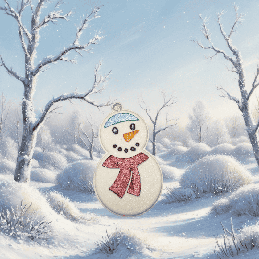 A white snowman shaped kids bath bomb from Rusted Acre Soap Co. Hand-painted snowman face, blue hat, and red scarf.