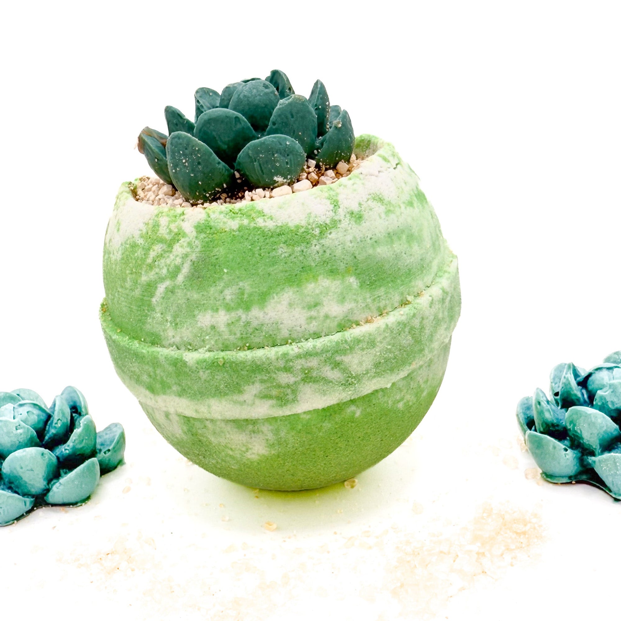 Large succulent bath bomb from rusted acre soap company. green and white with succulent soaps.