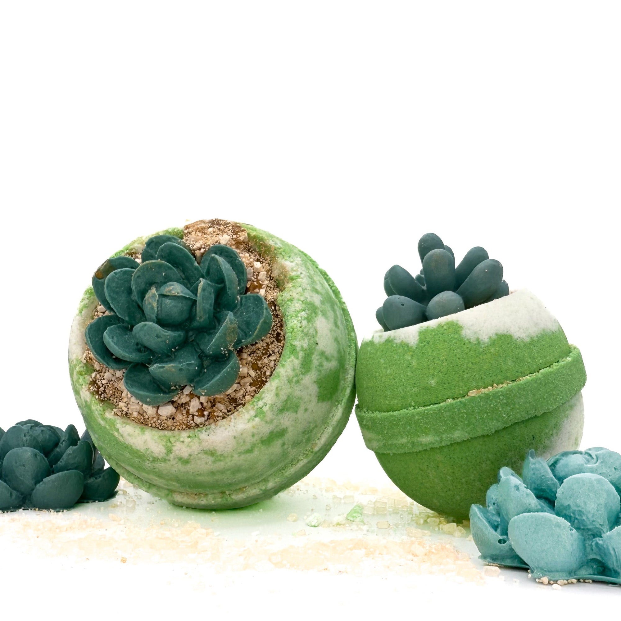 Rusted Acre Soap Companies Large and small succulent bath bomb. Green and white with green succulent soap on top
