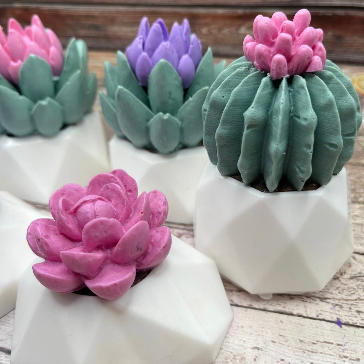 Mixed color handmade succulent soaps 2 with pink and one purple flower and a white flower pot by Rusted Acre Soap Co.